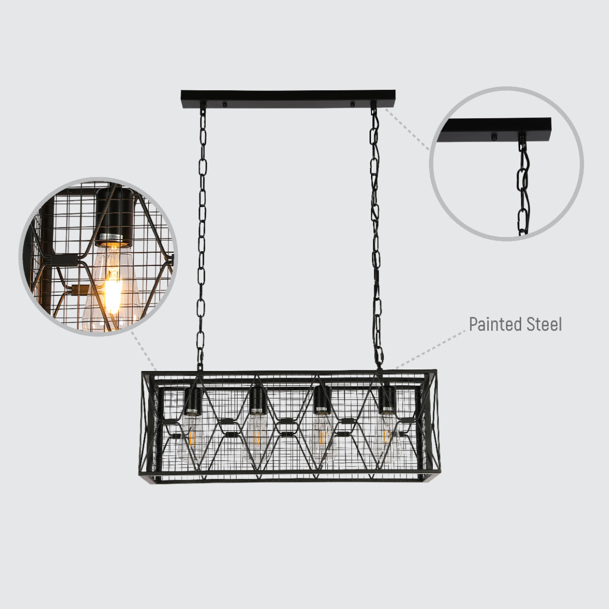 Lámpara de araña de metal negro con diseño de jaula, ideal para comedores de estilo industrial y rústico.