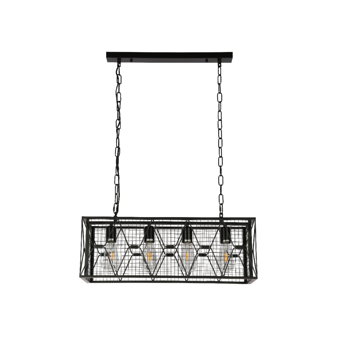 Lámpara de araña industrial con jaula metálica, perfecta para comedores de estilo farmhouse contemporáneo.