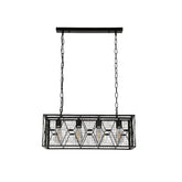 Lámpara de araña industrial con jaula metálica, perfecta para comedores de estilo farmhouse contemporáneo.