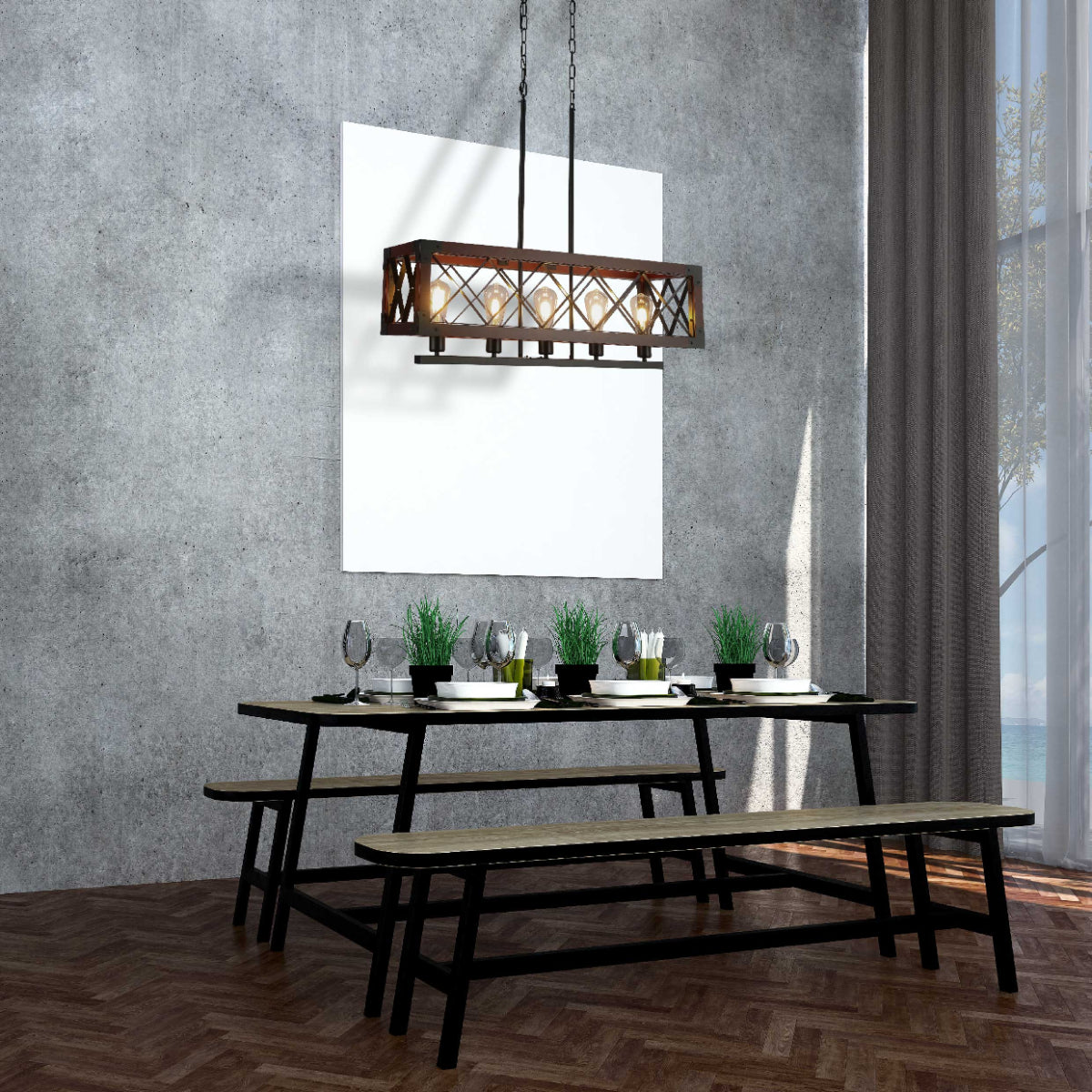 Lámpara de araña rectangular rústica con jaula de madera, ideal para iluminación de comedor con decoración campestre.