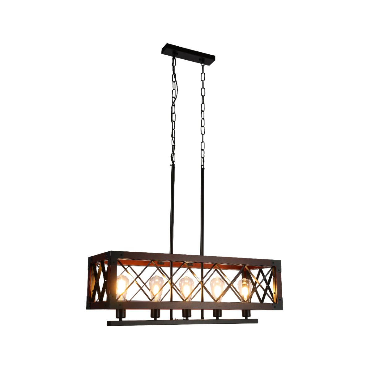 Chandelier rectangular rústico con jaula de madera, ideal para comedores con decoración campestre moderna y cálida iluminación.