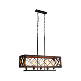 Chandelier rectangular rústico con jaula de madera, ideal para comedores con decoración campestre moderna y cálida iluminación.