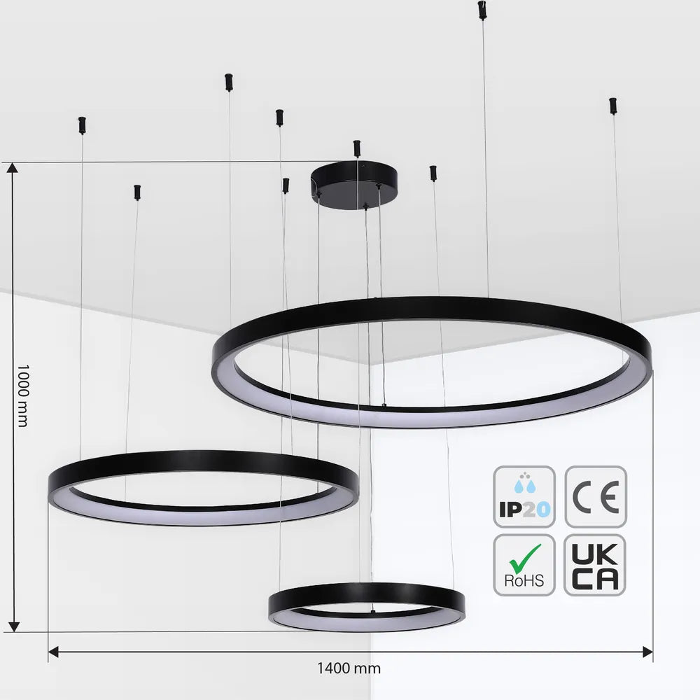Tamaño y especificaciones técnicas de la lámpara de techo colgante moderna Aurora Flow Dynamic LED (3 anillos personalizables, CCT ajustable)-159-18169