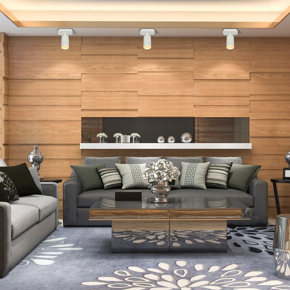 Cilindro moderno de haz foco GU10 mejorando una sala de estar elegante y contemporánea con una decoración elegante e iluminación ambiental.172-03047