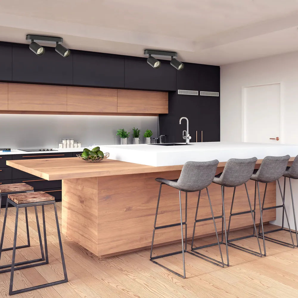 Cilindro de haz elegante foco GU10 iluminando una sala de estar moderna con decoración minimalista y ambiente cálido. Perfecto para iluminación de acento.172-03049