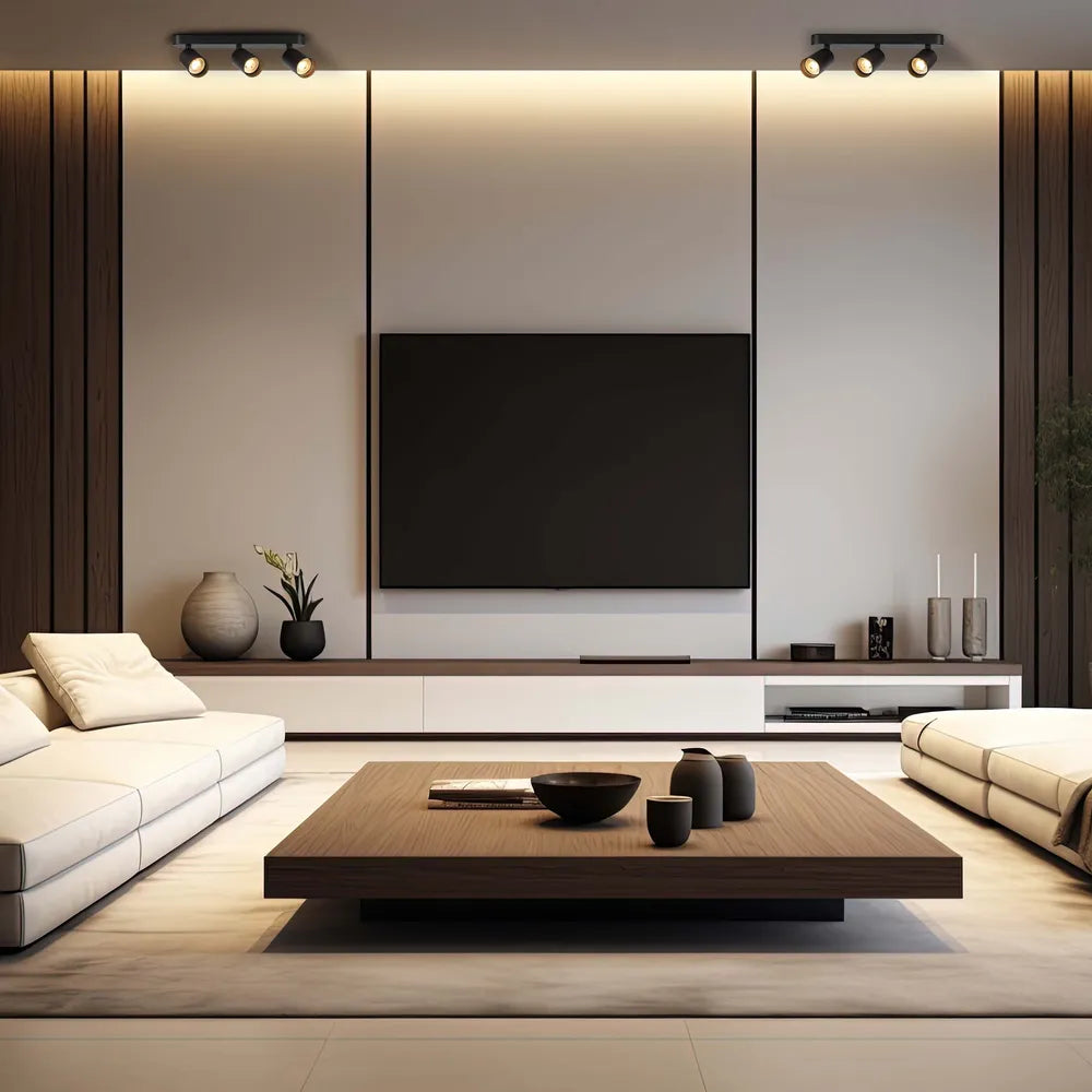Foco cilíndrico GU10 elegante iluminando una sala de estar moderna con decoración elegante y ambiente cálido. Perfecto para ambientes contemporáneos.172-03053