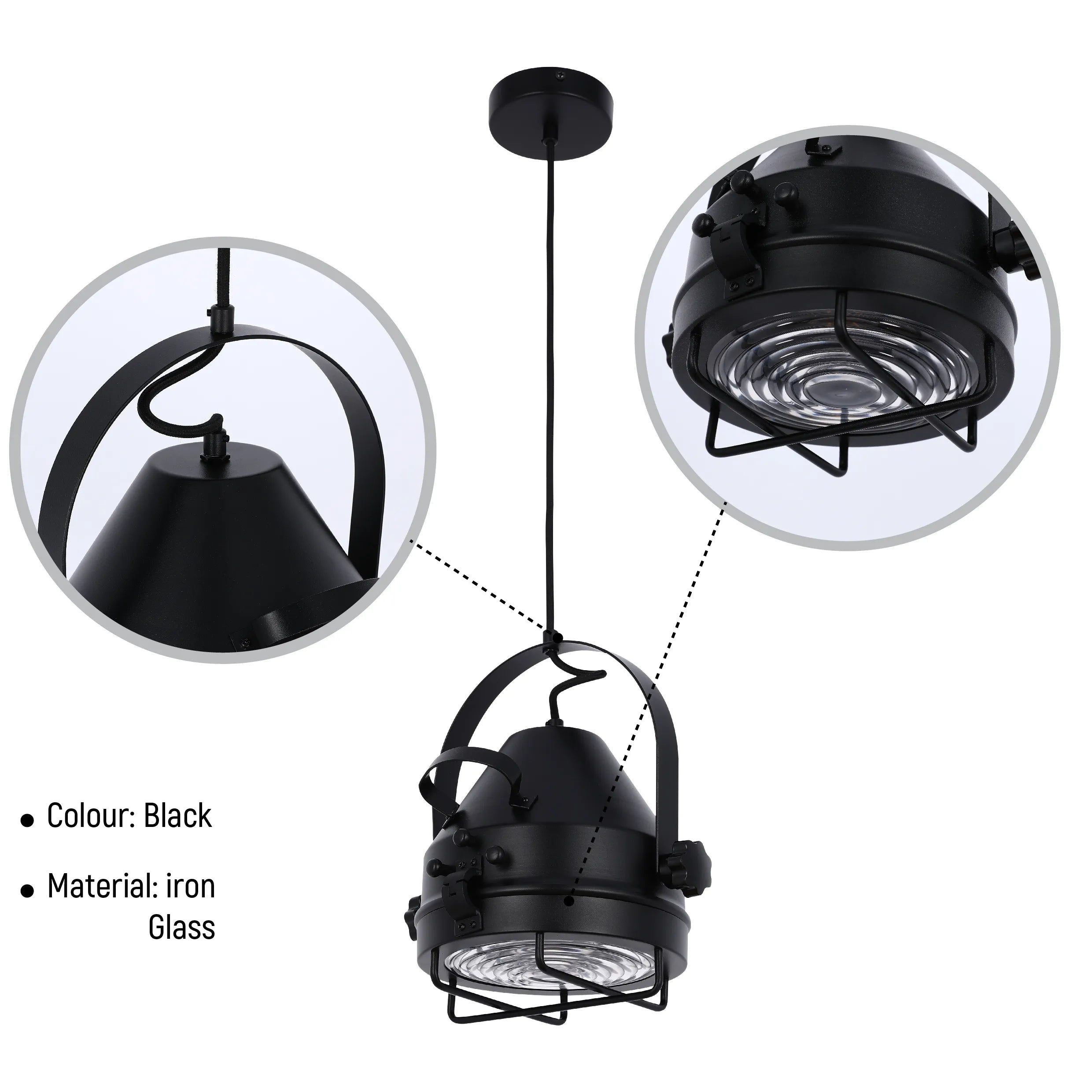 Lámpara Colgante Tipo Reflector Negra con Rejilla y Altura Ajustable E27