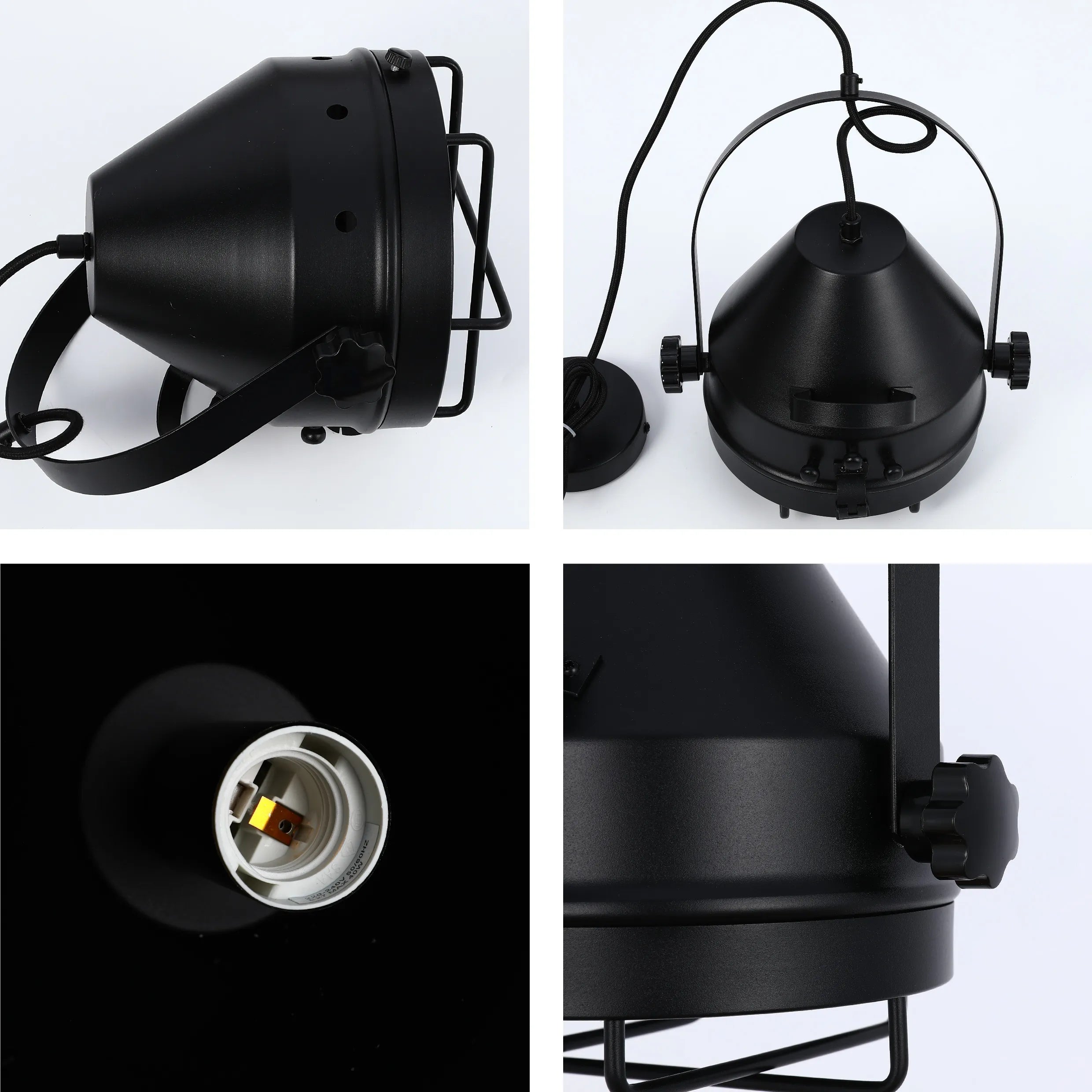 Lámpara Colgante Tipo Reflector Negra con Rejilla y Altura Ajustable E27