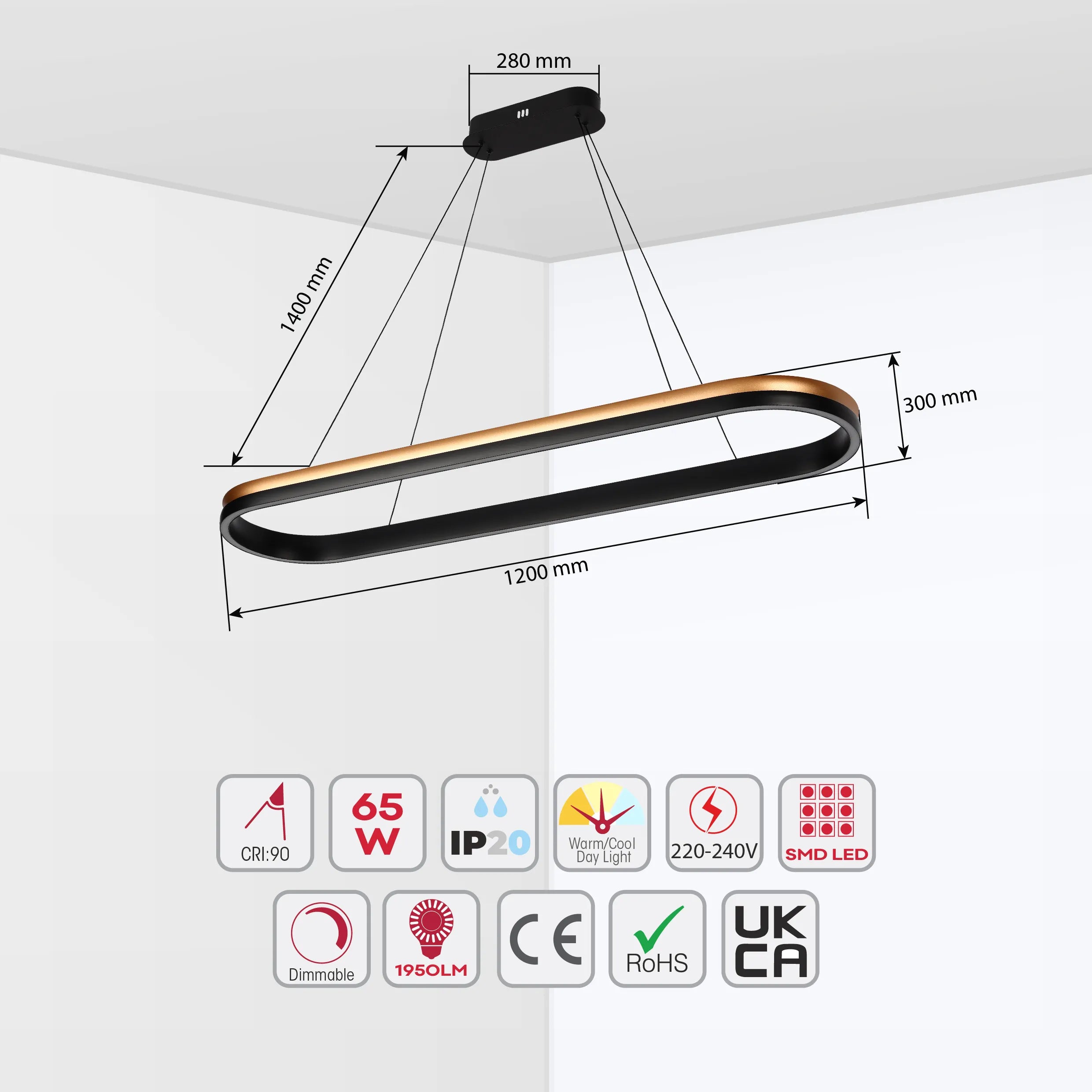Lámpara Colgante LED Moderna en Negro y Dorado - Niveles Único, Doble, Triple y Oblonga