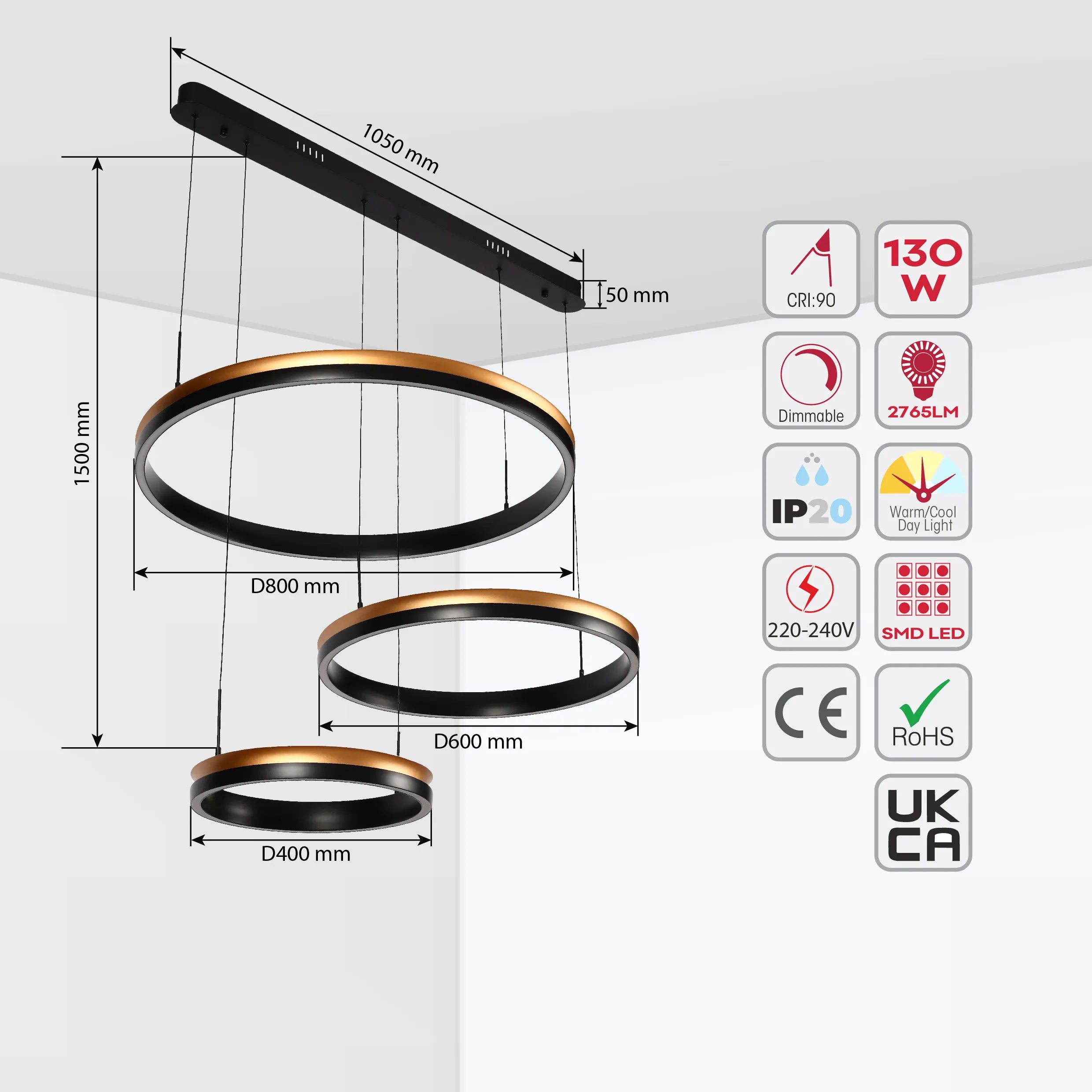 Lámpara Colgante LED Moderna en Negro y Dorado - Niveles Único, Doble, Triple y Oblonga