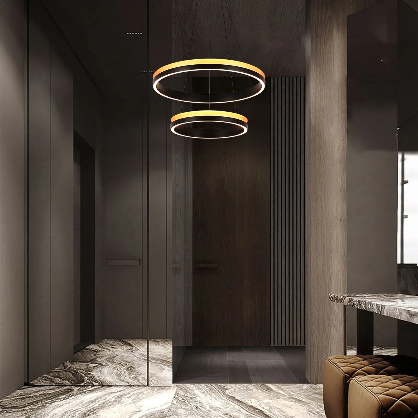Lámpara Colgante LED Moderna en Negro y Dorado - Niveles Único, Doble, Triple y Oblonga