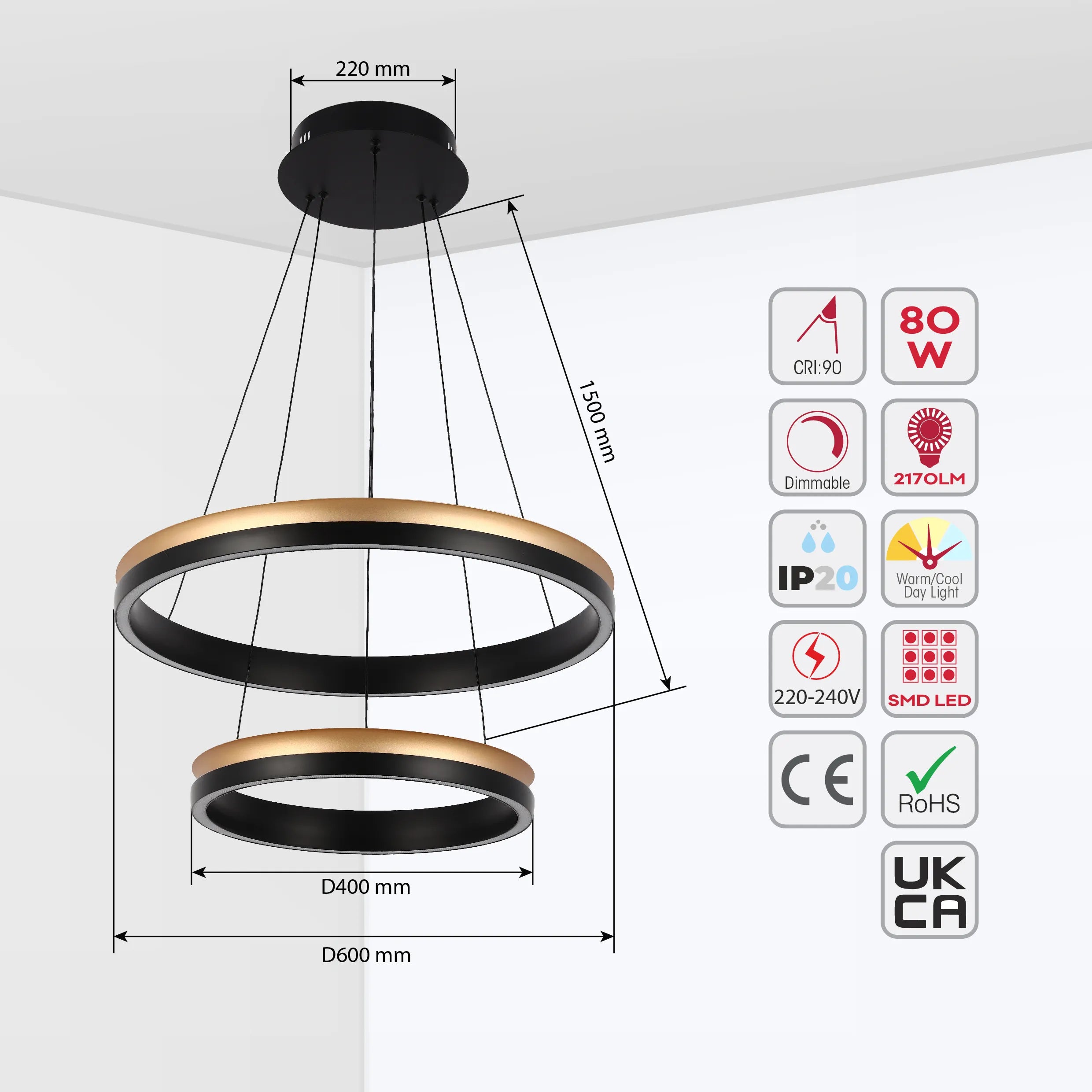 Lámpara Colgante LED Moderna en Negro y Dorado - Niveles Único, Doble, Triple y Oblonga