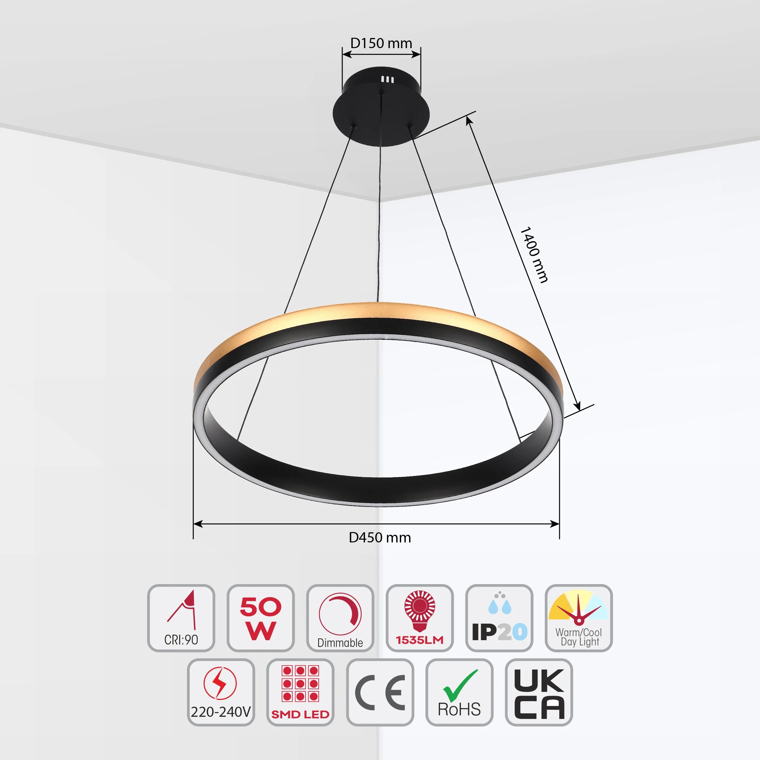 Lámpara Colgante LED Moderna en Negro y Dorado - Niveles Único, Doble, Triple y Oblonga