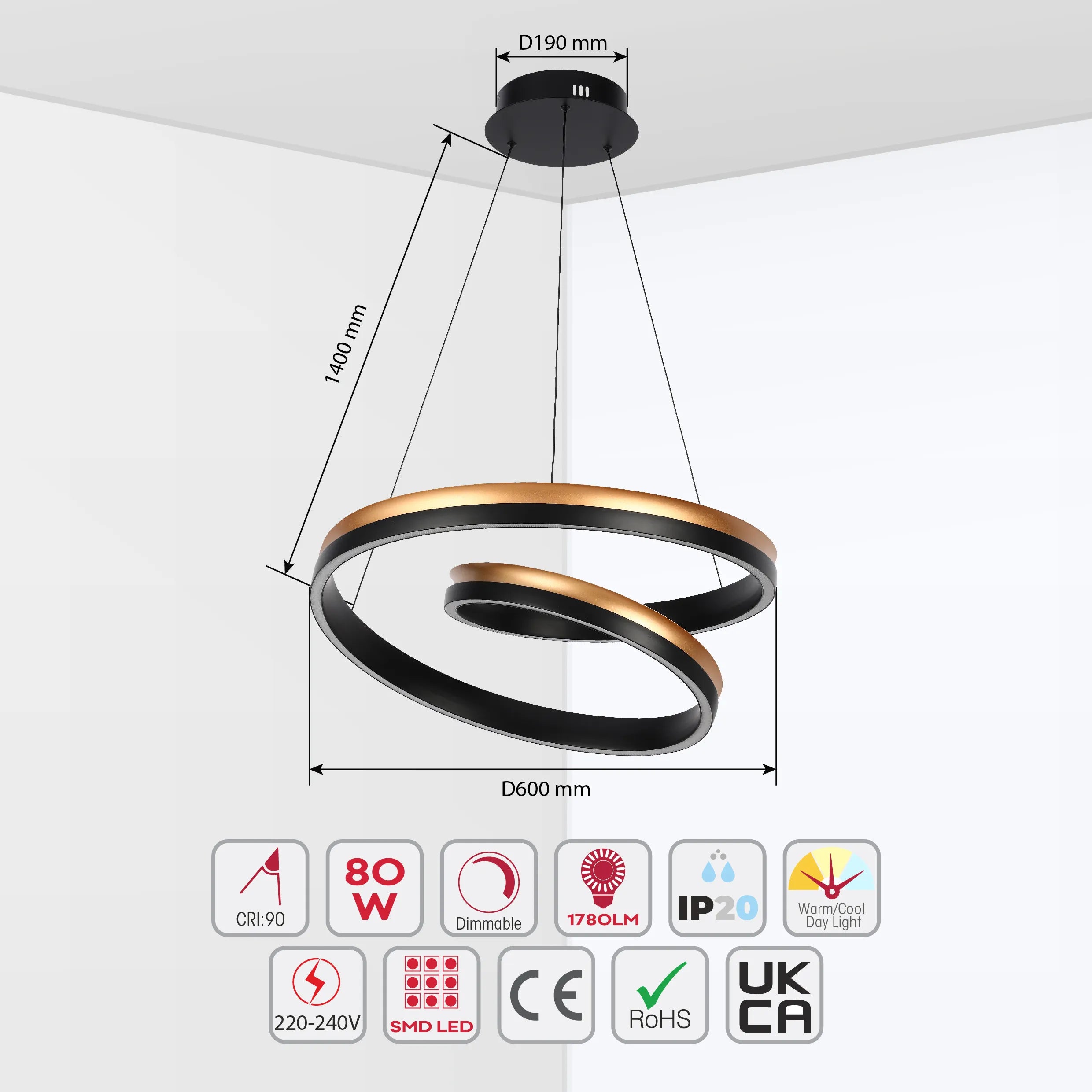 Lámpara Colgante LED Moderna en Negro y Dorado - Niveles Único, Doble, Triple y Oblonga
