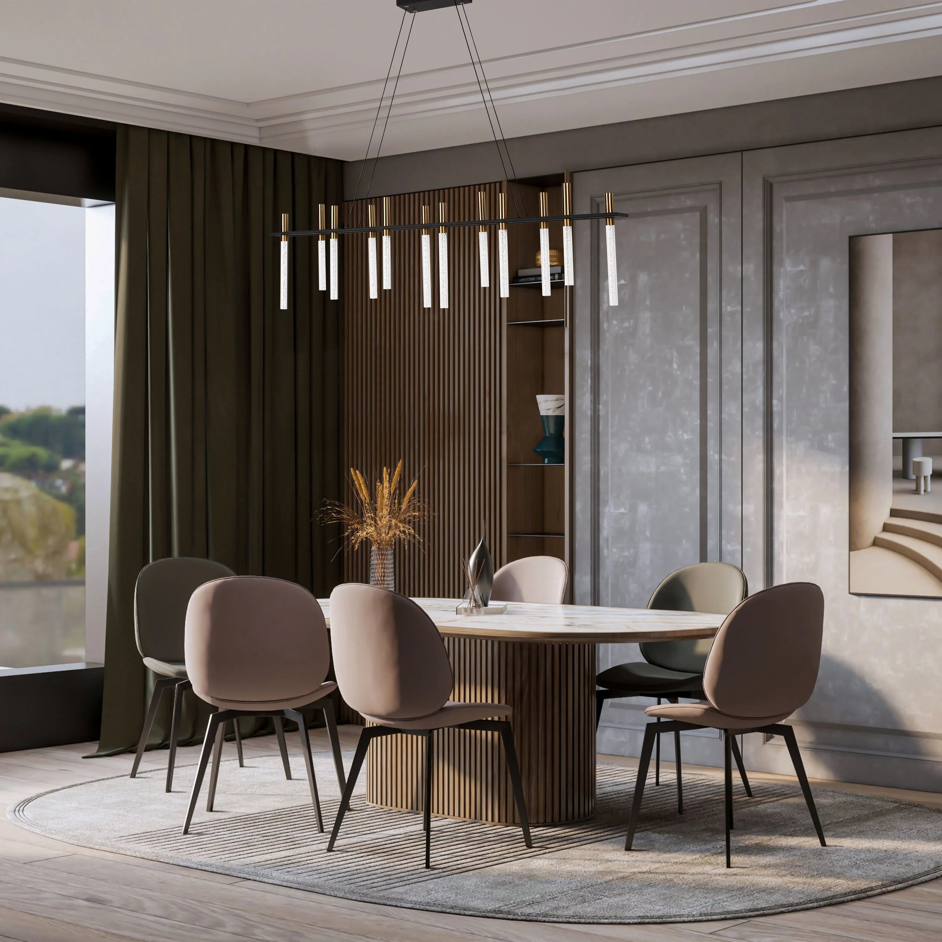 Lámpara de Araña Moderna en Negro y Latón con Tubos de Vidrio – Lineal y Circular