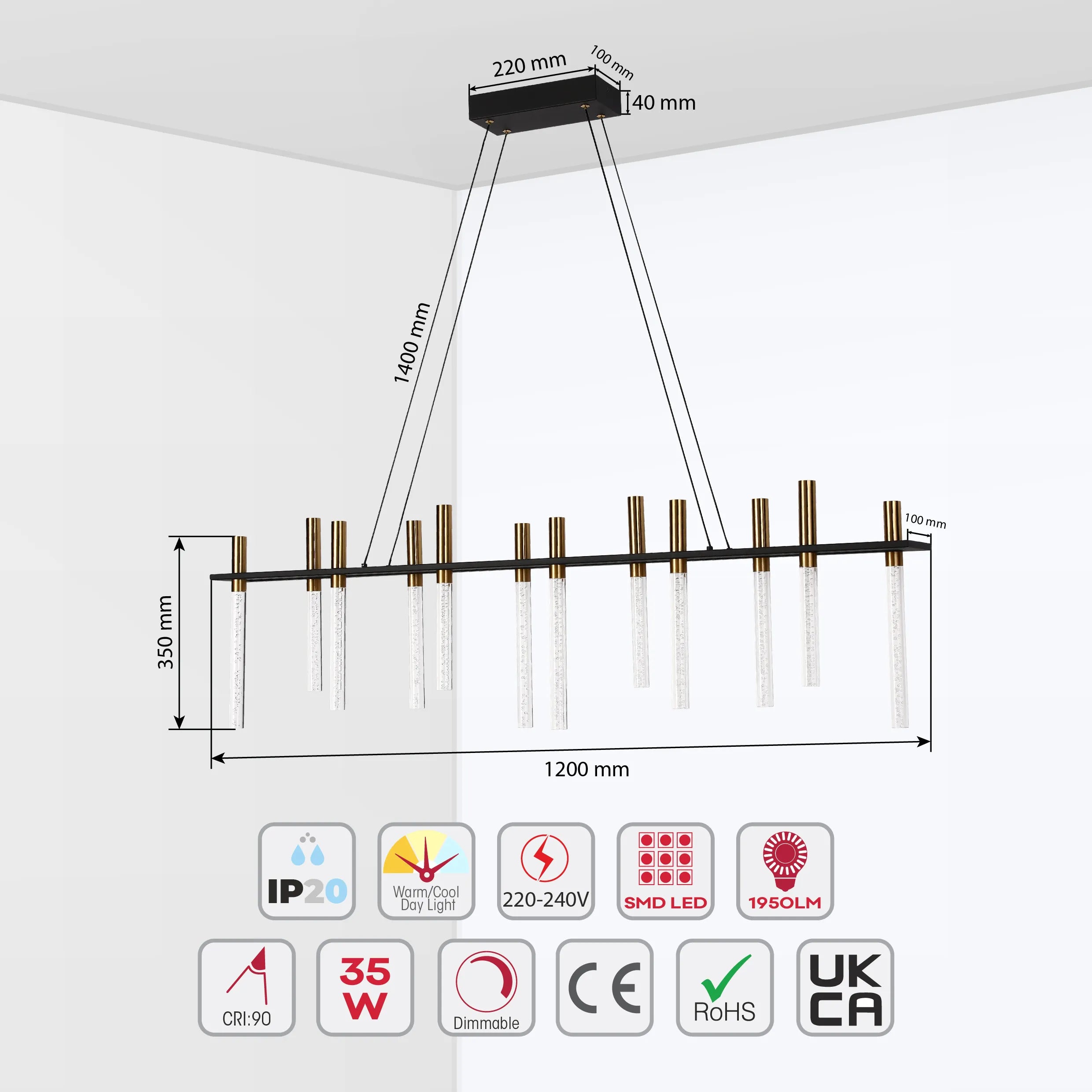 Lámpara de Araña Moderna en Negro y Latón con Tubos de Vidrio – Lineal y Circular