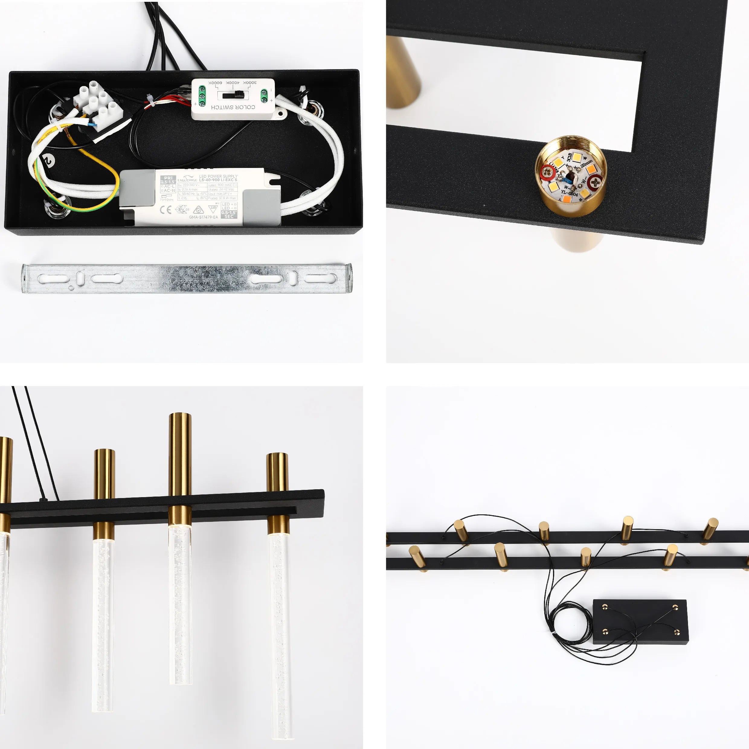 Lámpara de Araña Moderna en Negro y Latón con Tubos de Vidrio – Lineal y Circular