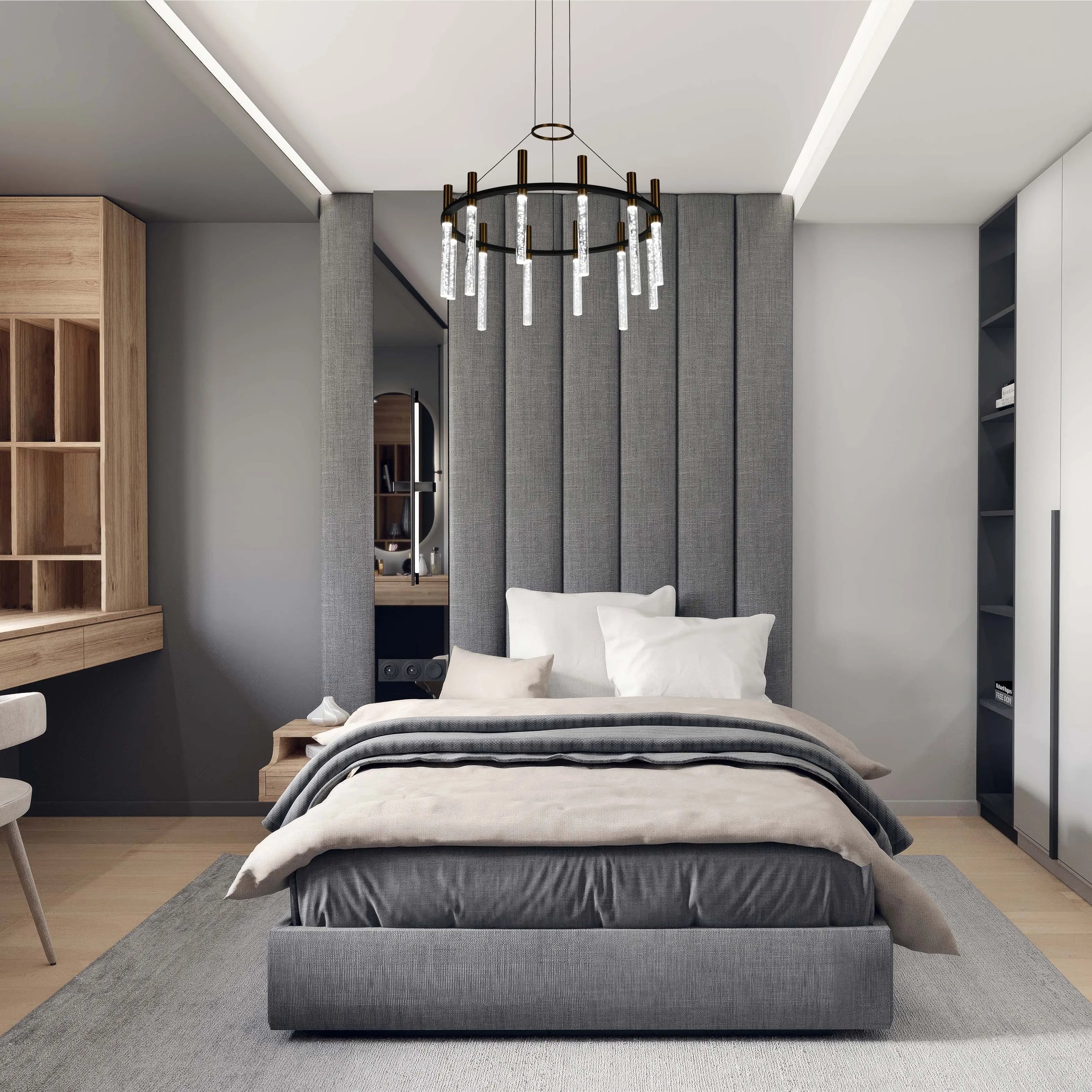 Lámpara de Araña Moderna en Negro y Latón con Tubos de Vidrio – Lineal y Circular