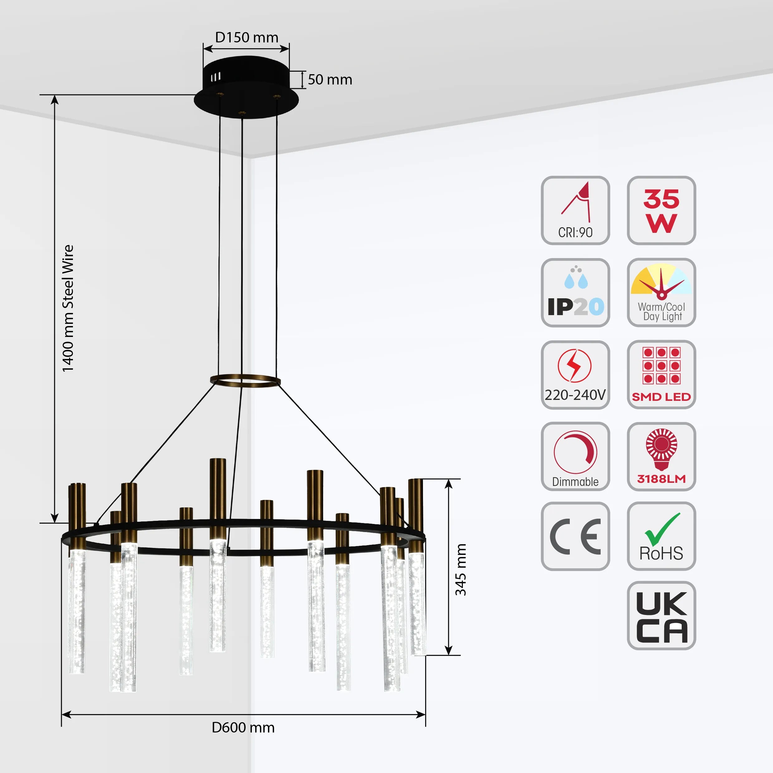 Lámpara de Araña Moderna en Negro y Latón con Tubos de Vidrio – Lineal y Circular