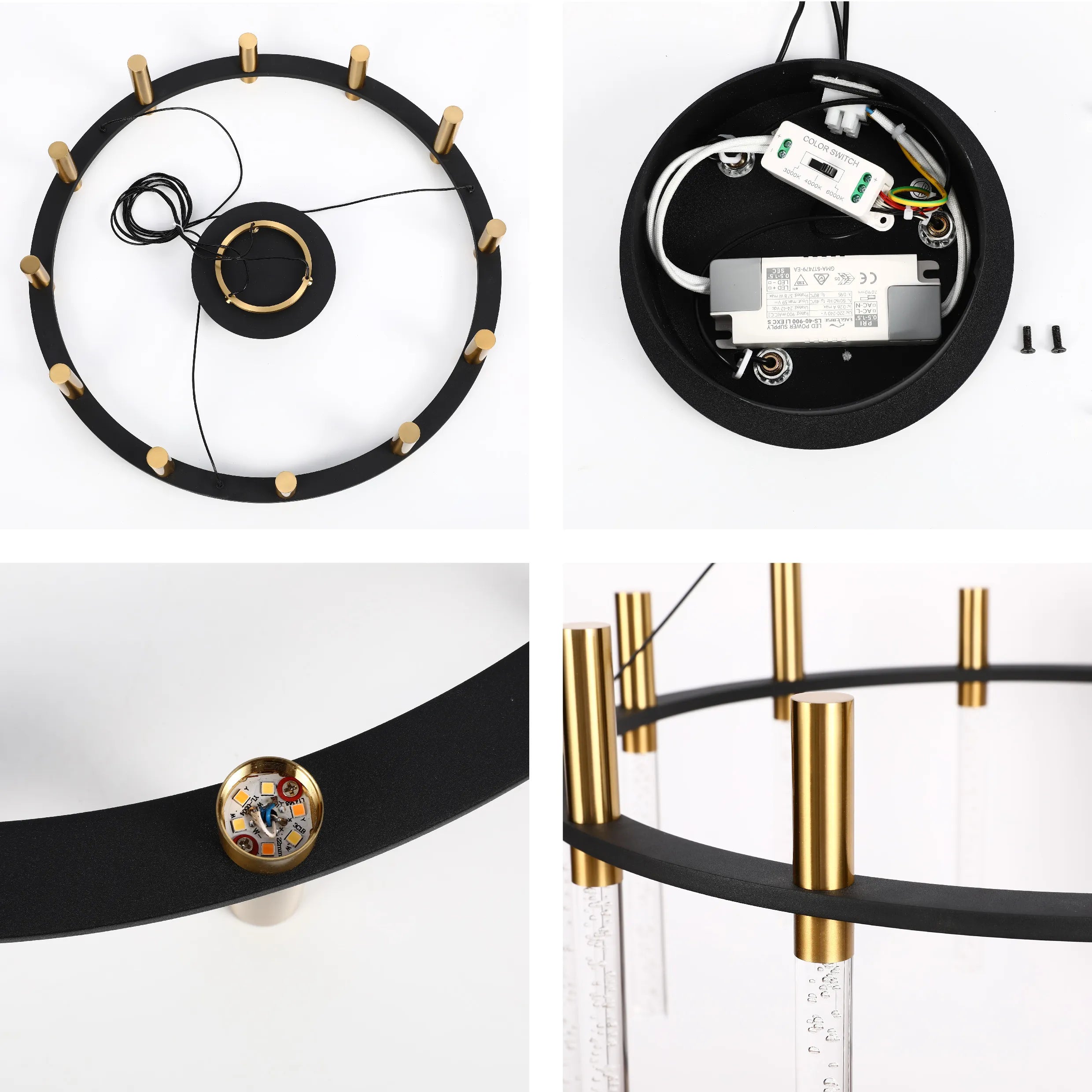 Lámpara de Araña Moderna en Negro y Latón con Tubos de Vidrio – Lineal y Circular