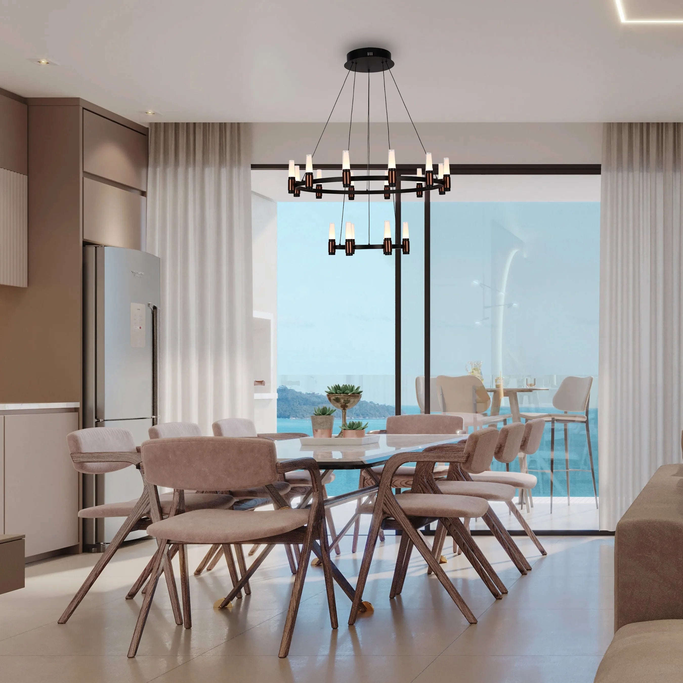 Lámpara de Araña LED Moderna en Negro y Cobre con Múltiples Niveles