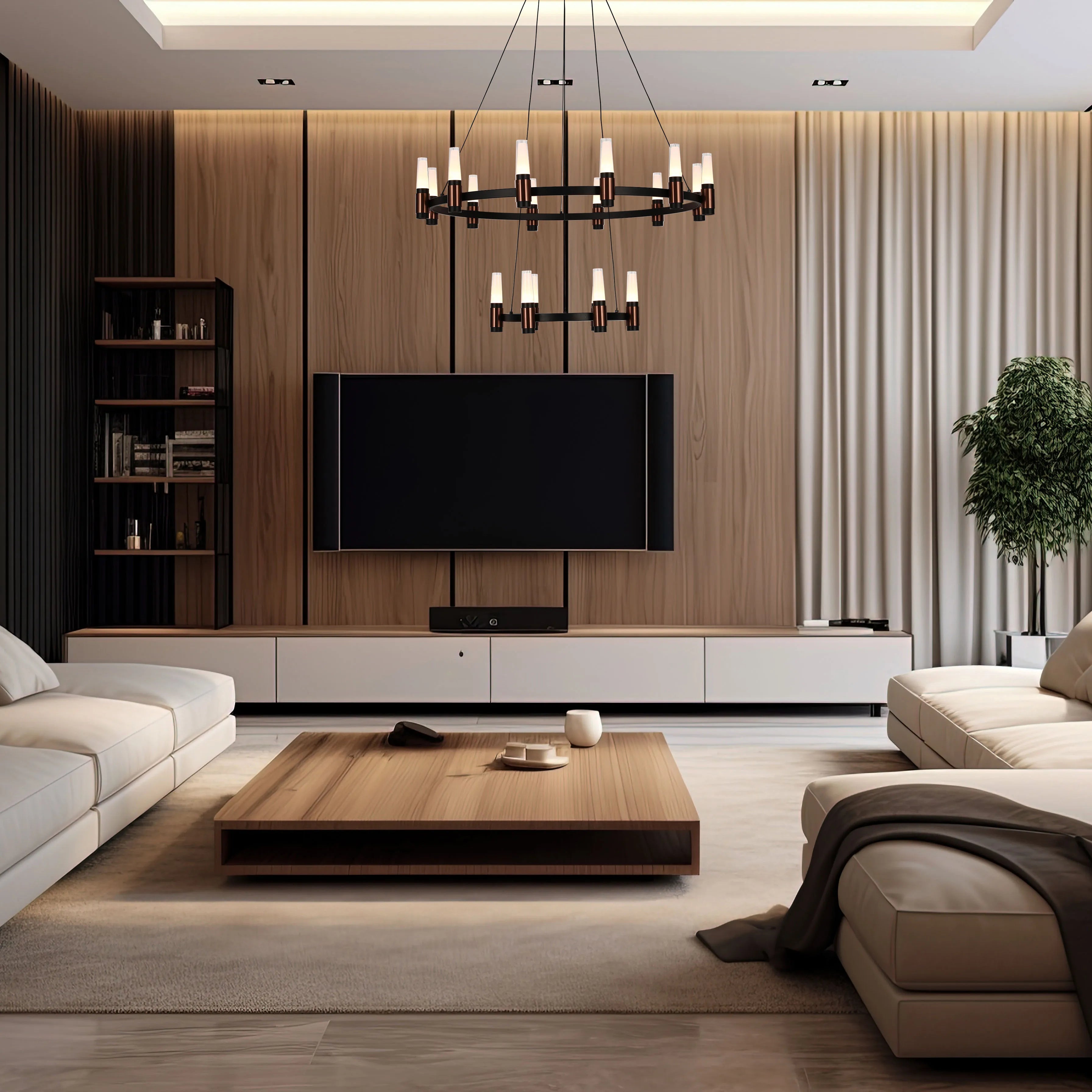 Lámpara de Araña LED Moderna en Negro y Cobre con Múltiples Niveles