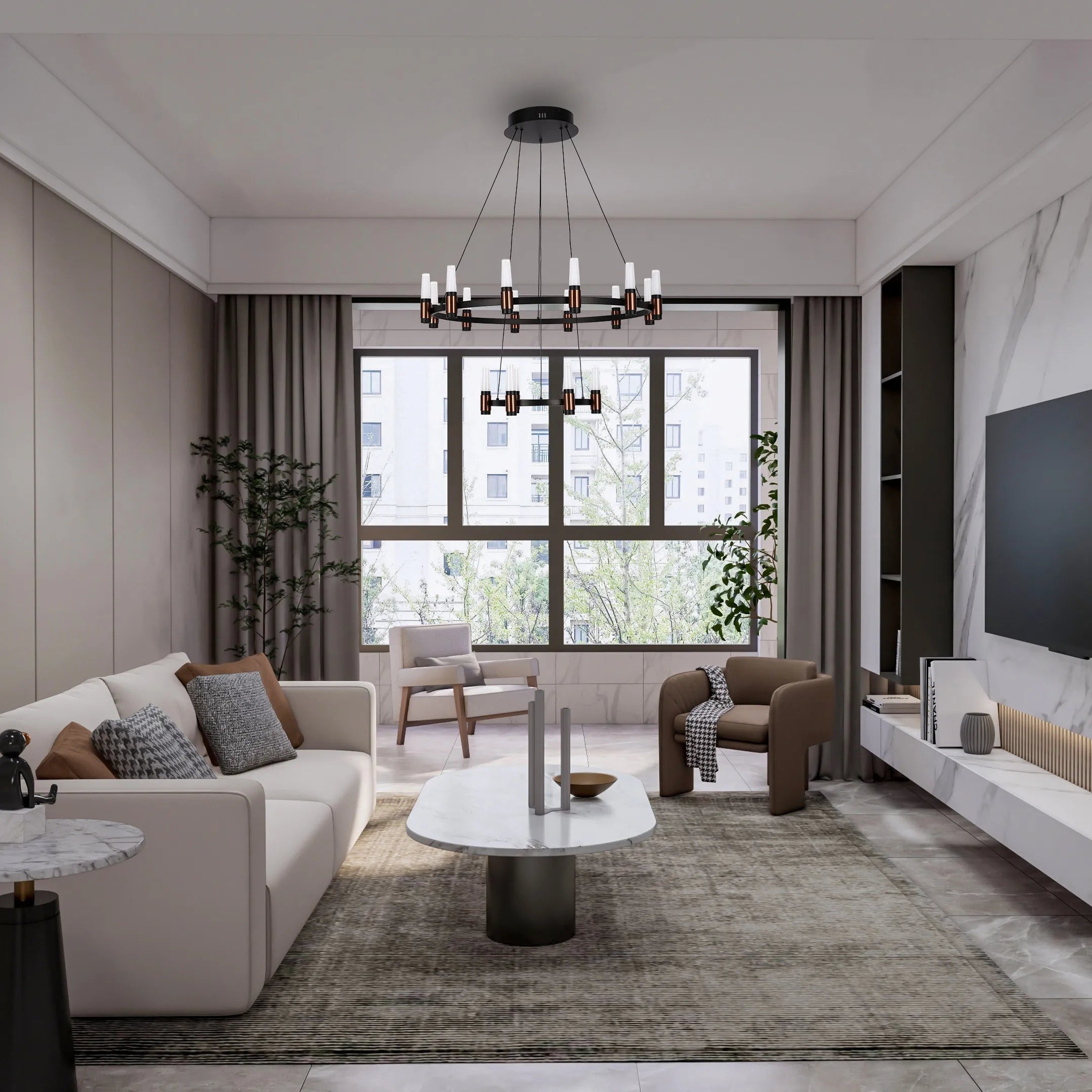 Lámpara de Araña LED Moderna en Negro y Cobre con Múltiples Niveles