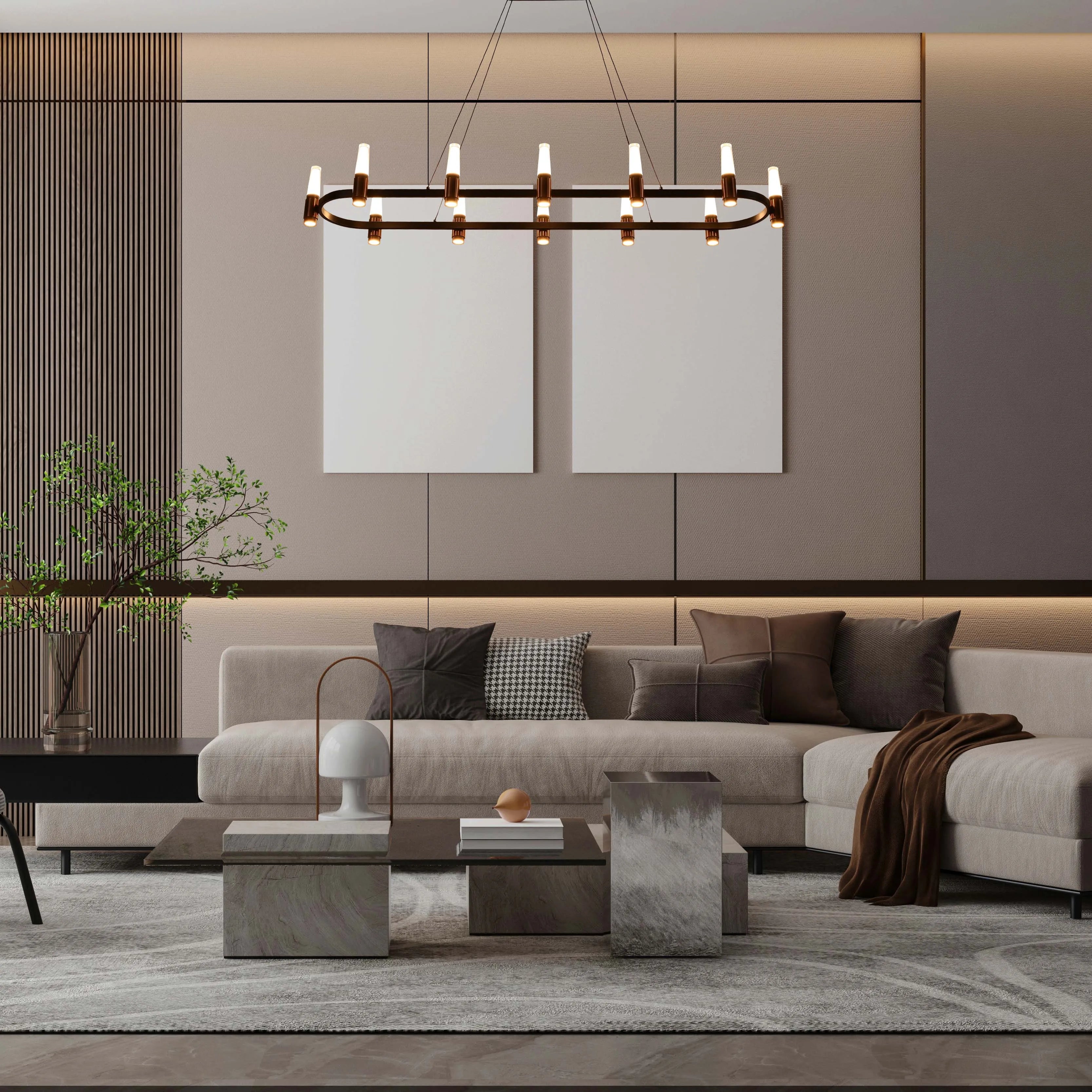 Lámpara de Araña LED Moderna en Negro y Cobre con Múltiples Niveles