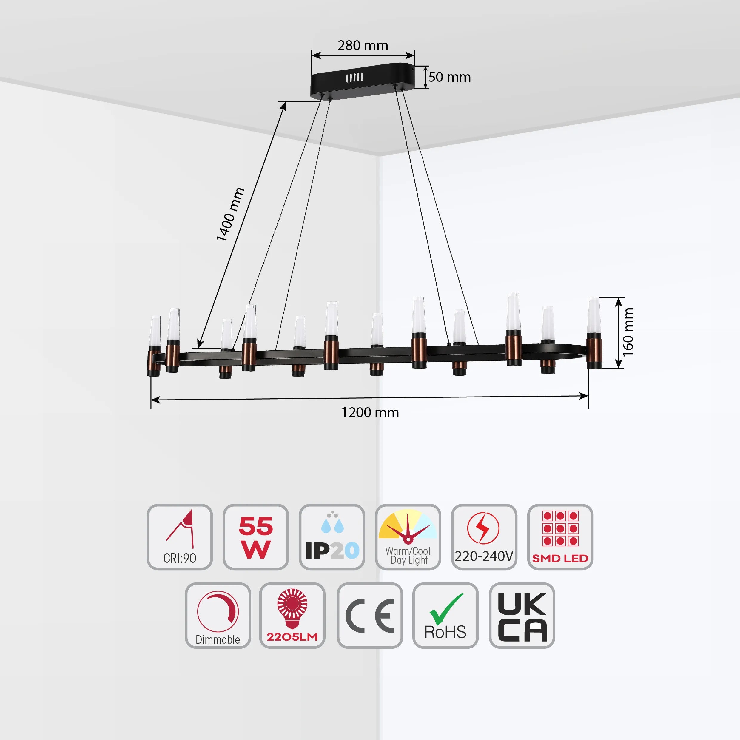 Lámpara de Araña LED Moderna en Negro y Cobre con Múltiples Niveles