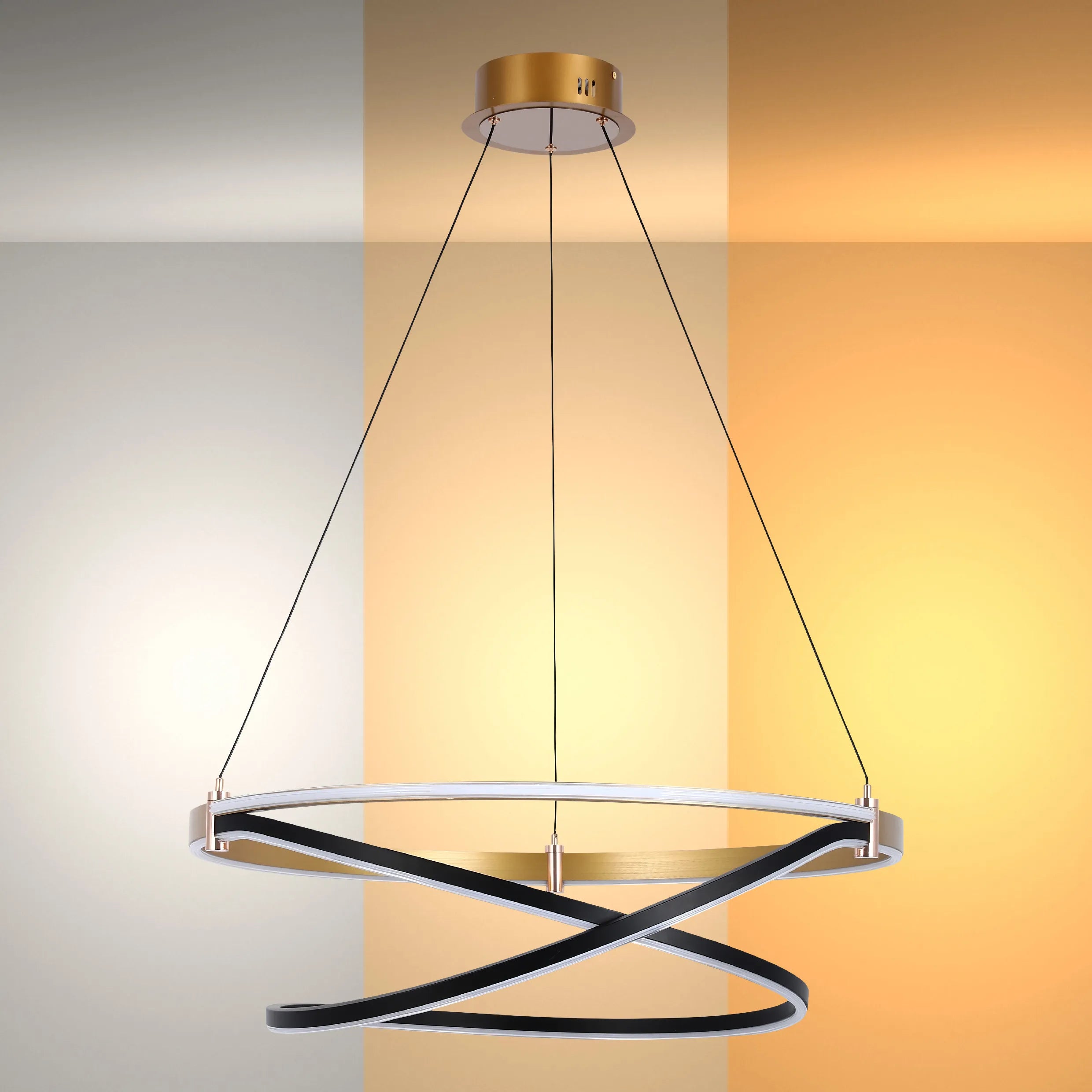 Lámpara Colgante LED Moderna de Aros en Negro y Dorado