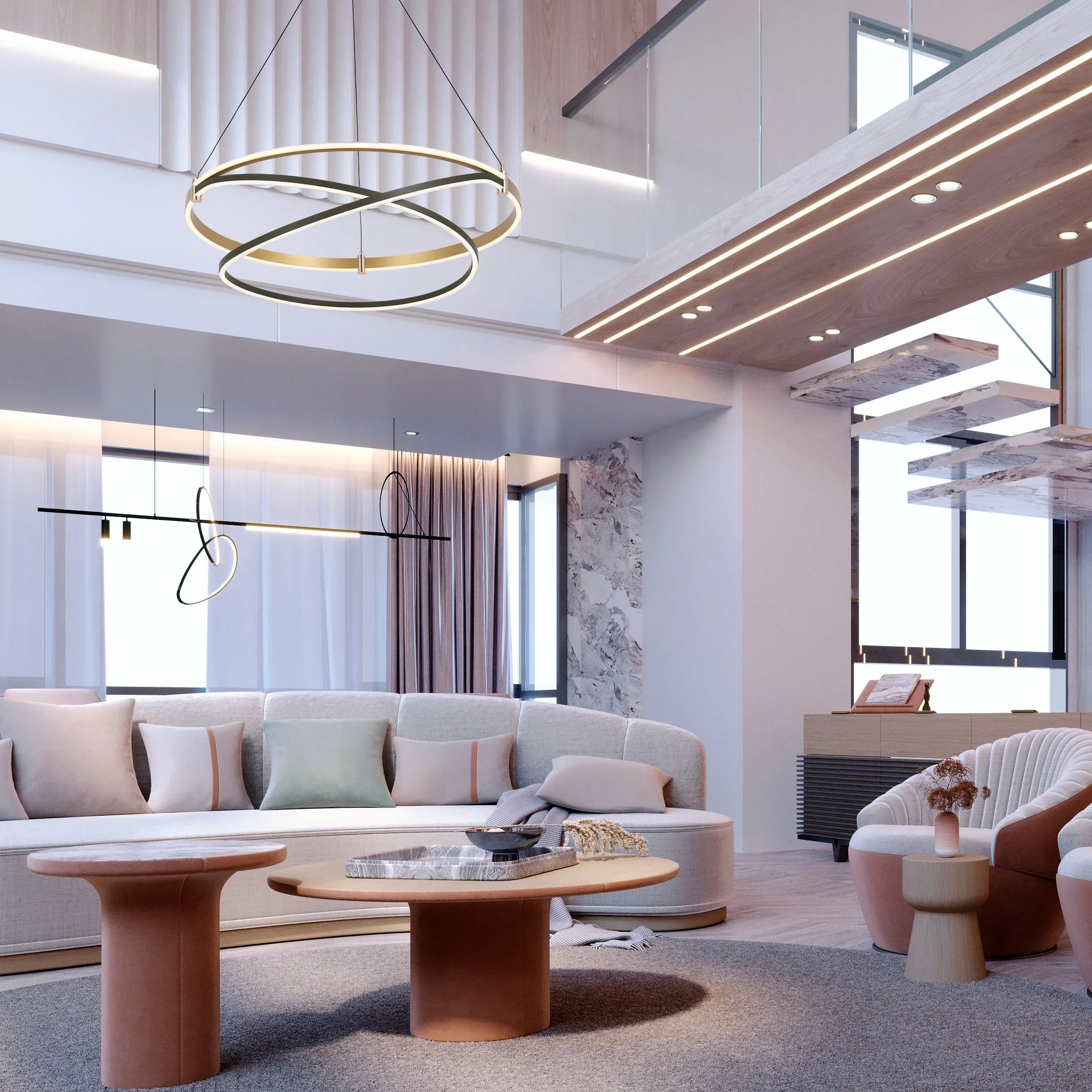 Lámpara Colgante LED Moderna de Aros en Negro y Dorado