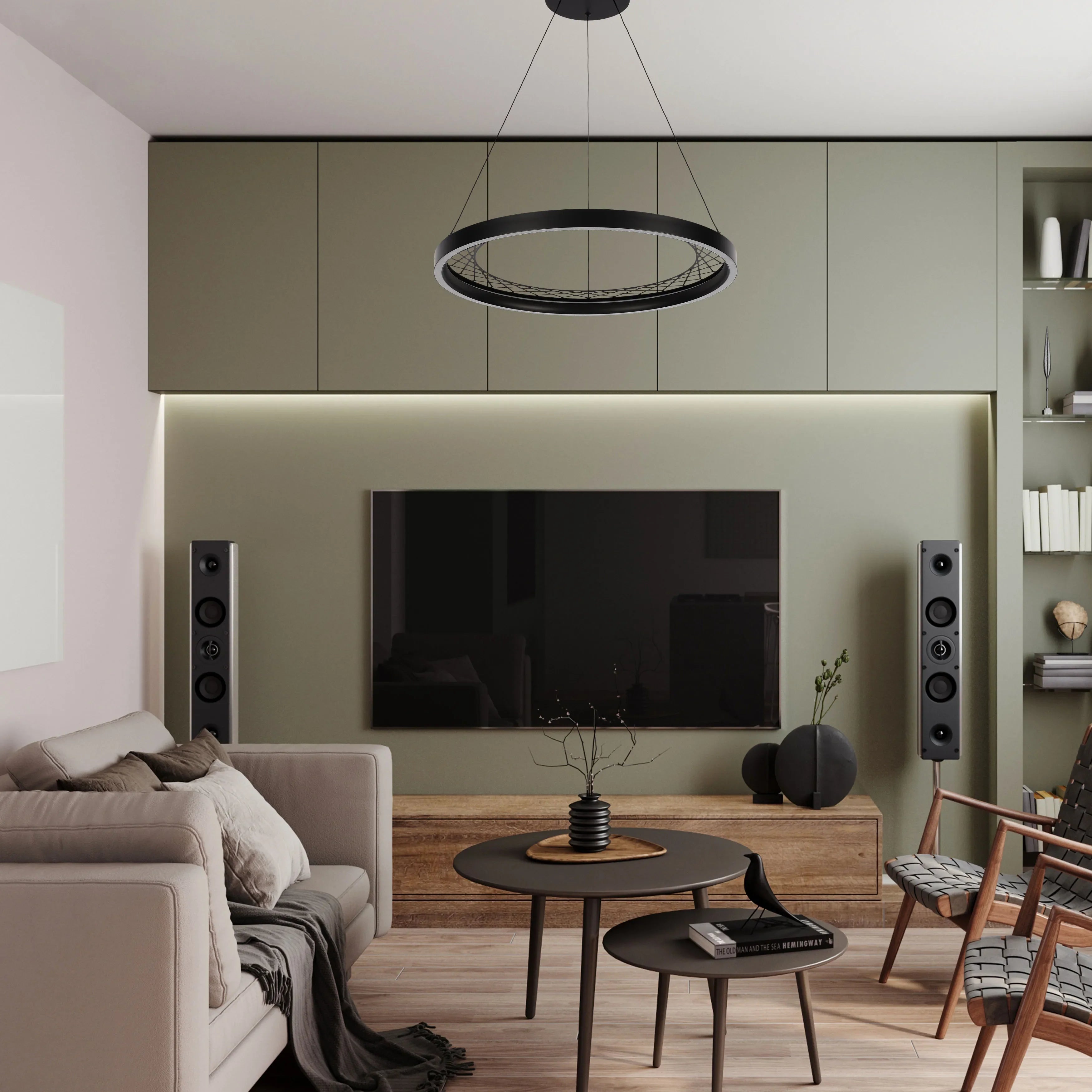 Lámpara Colgante Circular Negra con Diseño de Celosía - Opciones de Uno y Dos Aros