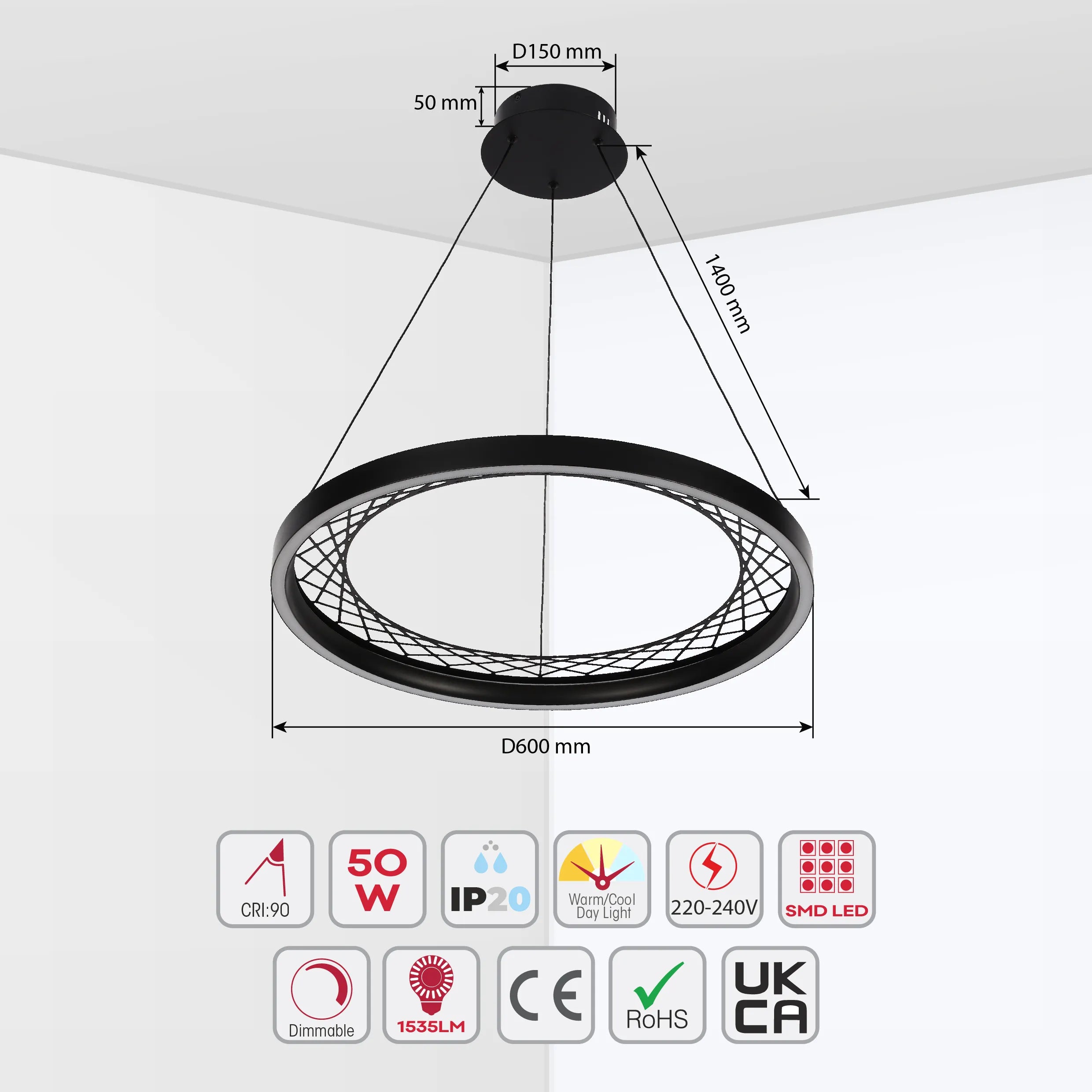 Lámpara Colgante Circular Negra con Diseño de Celosía - Opciones de Uno y Dos Aros