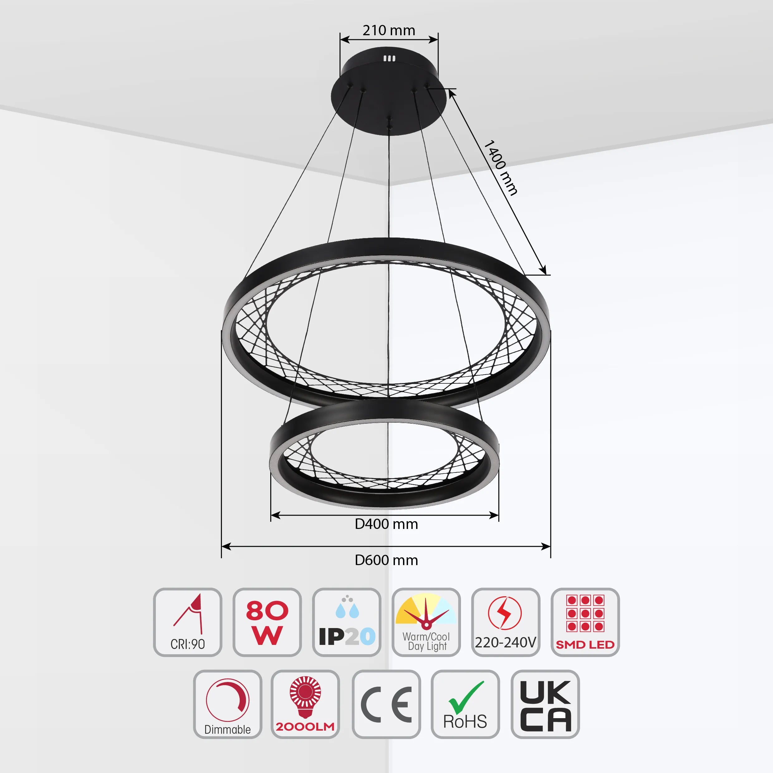 Lámpara Colgante Circular Negra con Diseño de Celosía - Opciones de Uno y Dos Aros