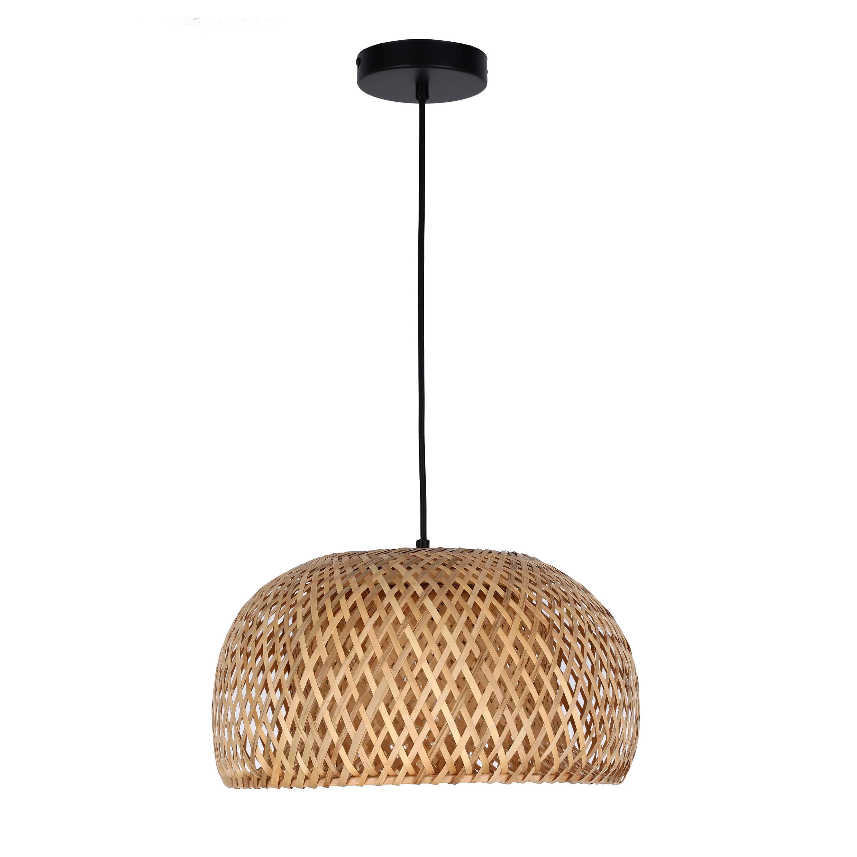 Lámpara Colgante de Bambú Tejido Negro y Natural en Forma de Cúpula - E27, Suspensión Ajustable