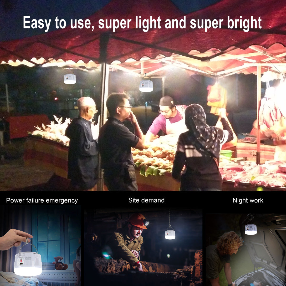 Lámpara de emergencia recargable solar, ideal para exteriores y camping, con diseño portátil y luz diurna brillante.