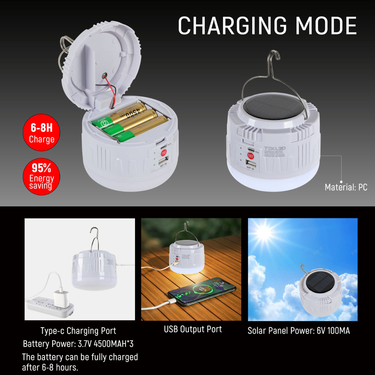 Lámpara de emergencia recargable solar, perfecta para exteriores y camping, con diseño portátil y luz blanca fría para iluminación eficiente.