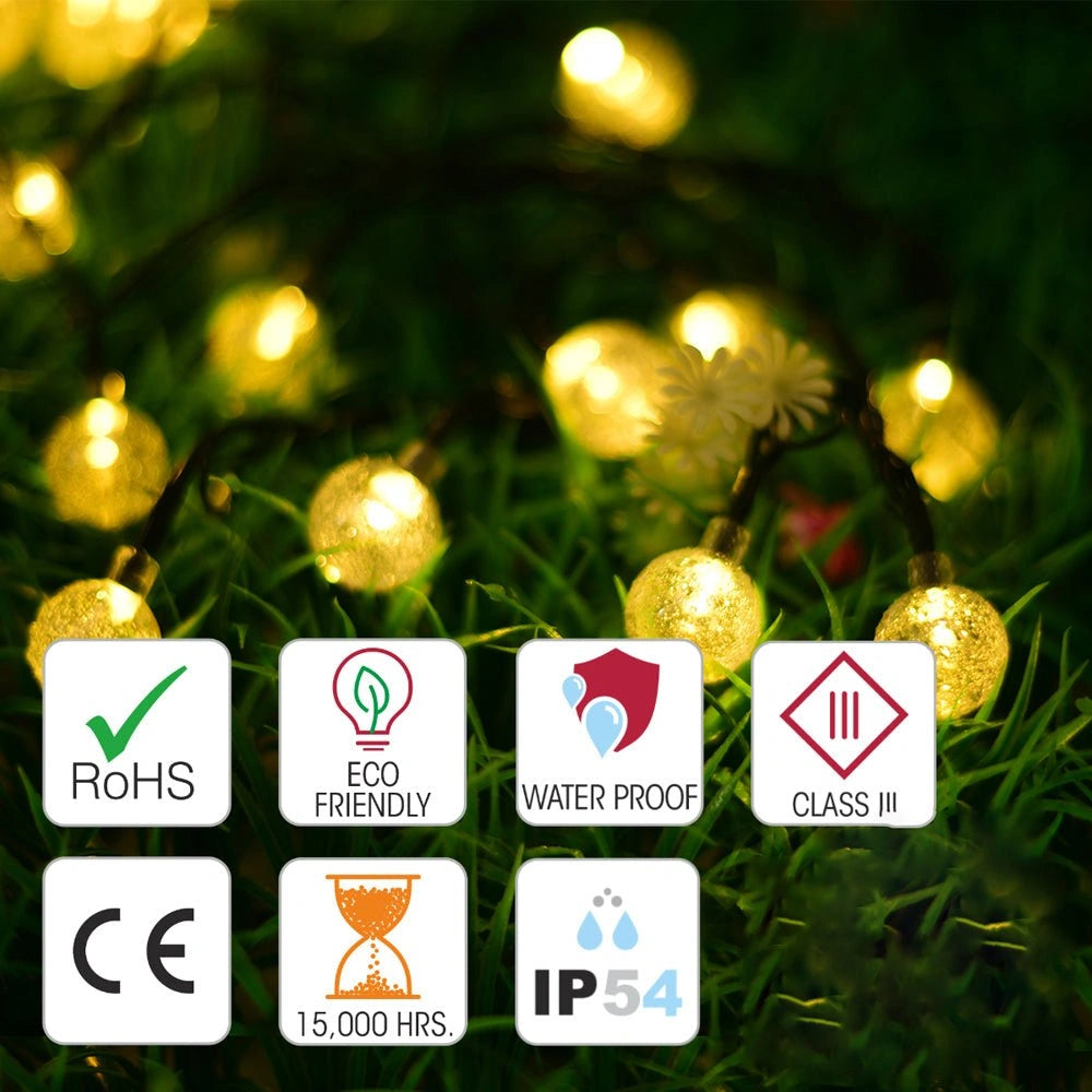 Outdoor usage and features of Lyra Solar Globe 60 LEDs 14m Warm White LED String Light