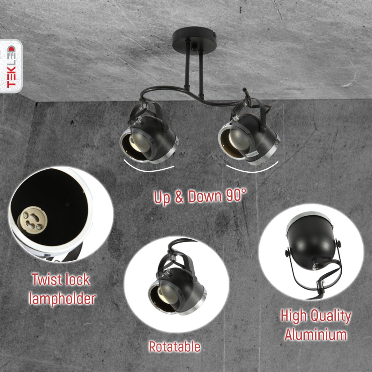 Tomas de cerca de foco de 2 vías Negro y Cromo en forma de S con portalámparas GU10 | TEKLED 172-03104