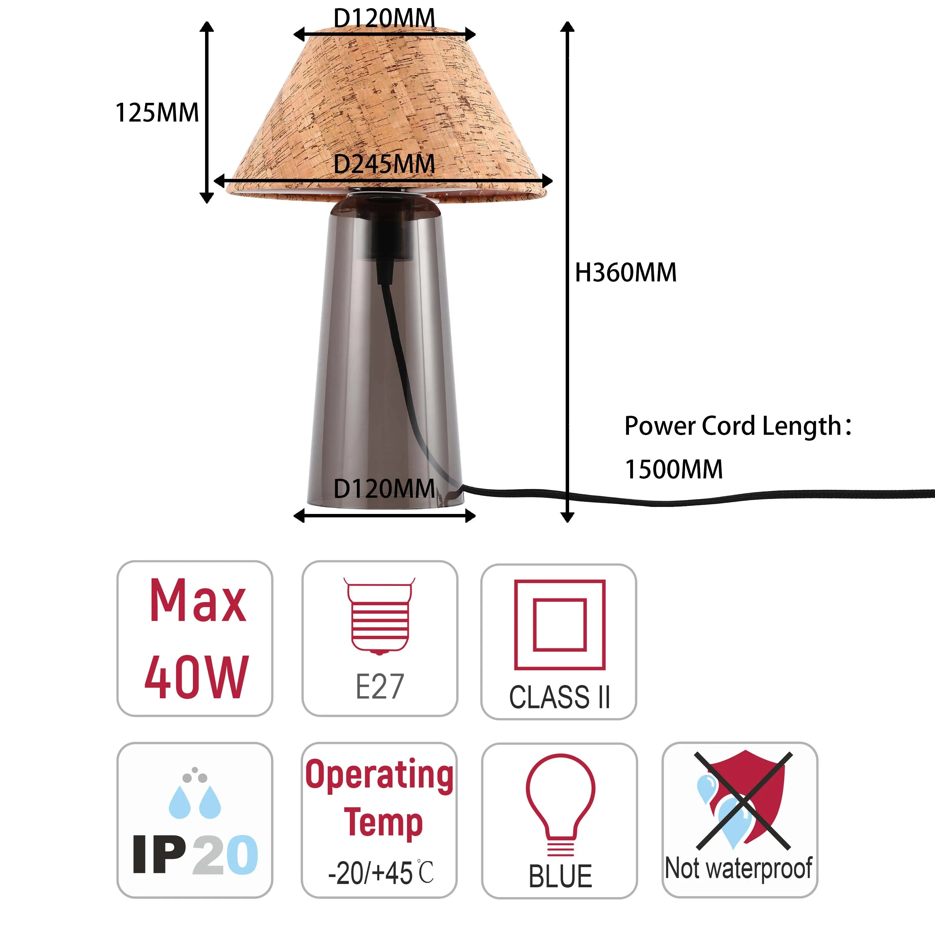 Lámpara de mesa cónica con pantalla de tela - Casquillo E27, regulable, diámetro de 245 mm