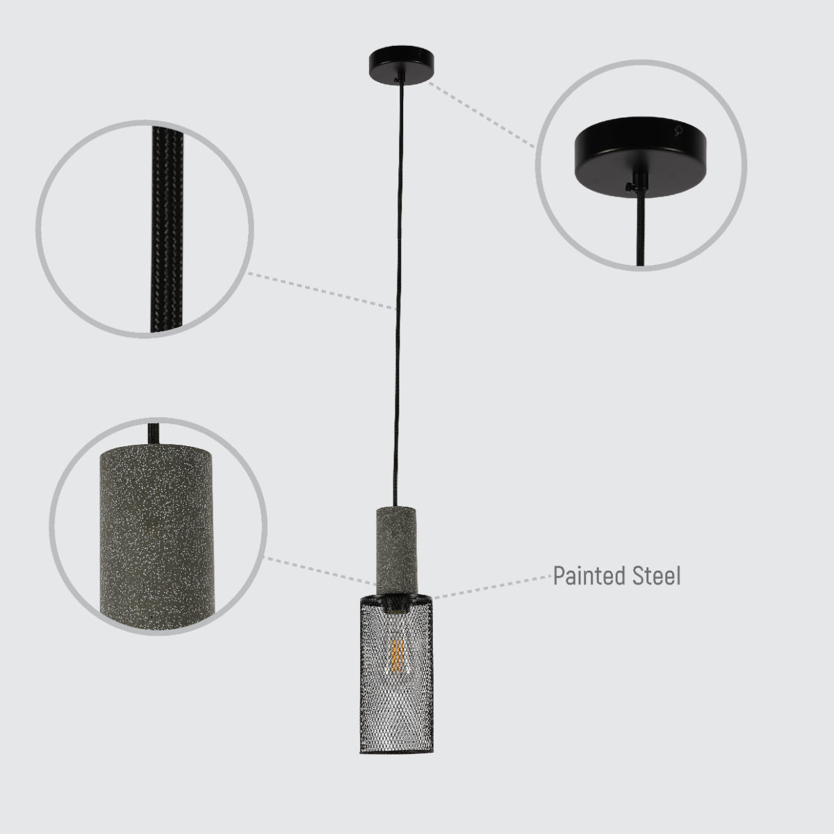 Luz colgante de concreto texturizado con sombra metálica, perfecta para comedores de estilo industrial.