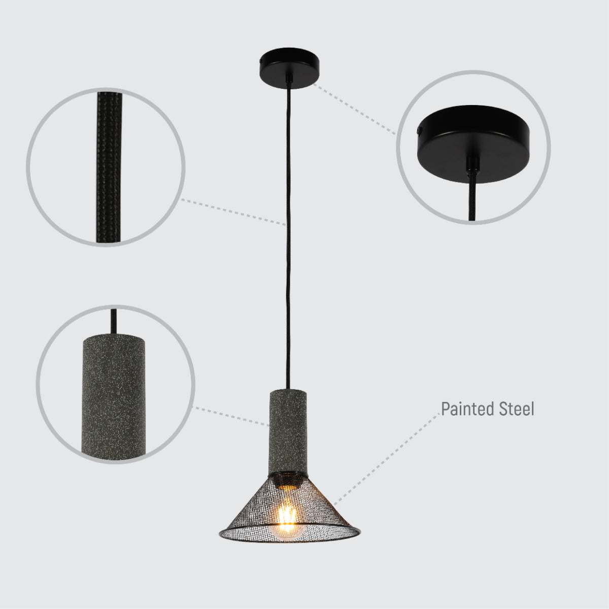 Luz colgante de concreto texturizado y pantallas metálicas, perfecta para espacios industriales y comedores modernos.