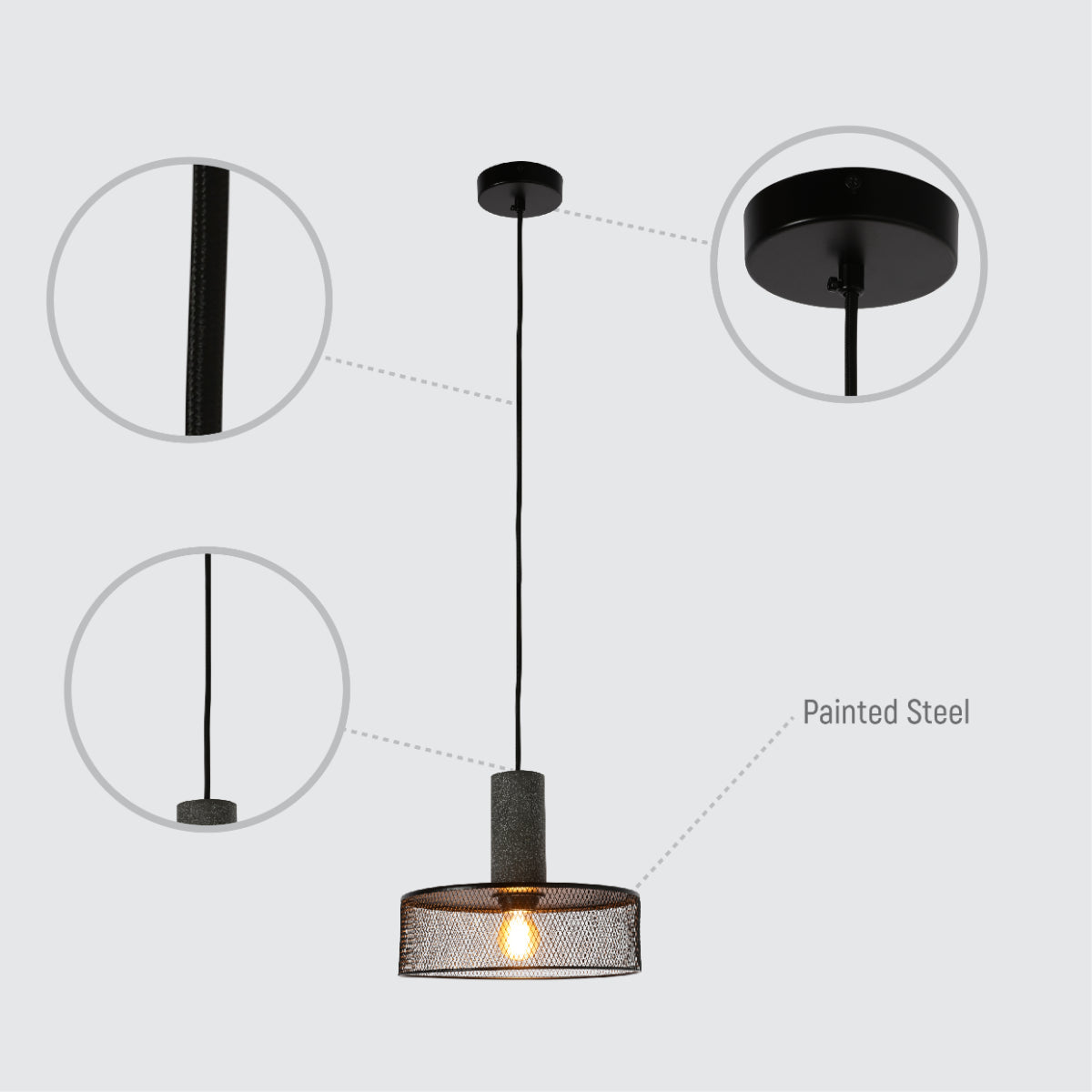 Conjunto de cuatro lámparas de suspensión de hormigón texturizado, ideales para cocinas modernas con un estilo industrial.