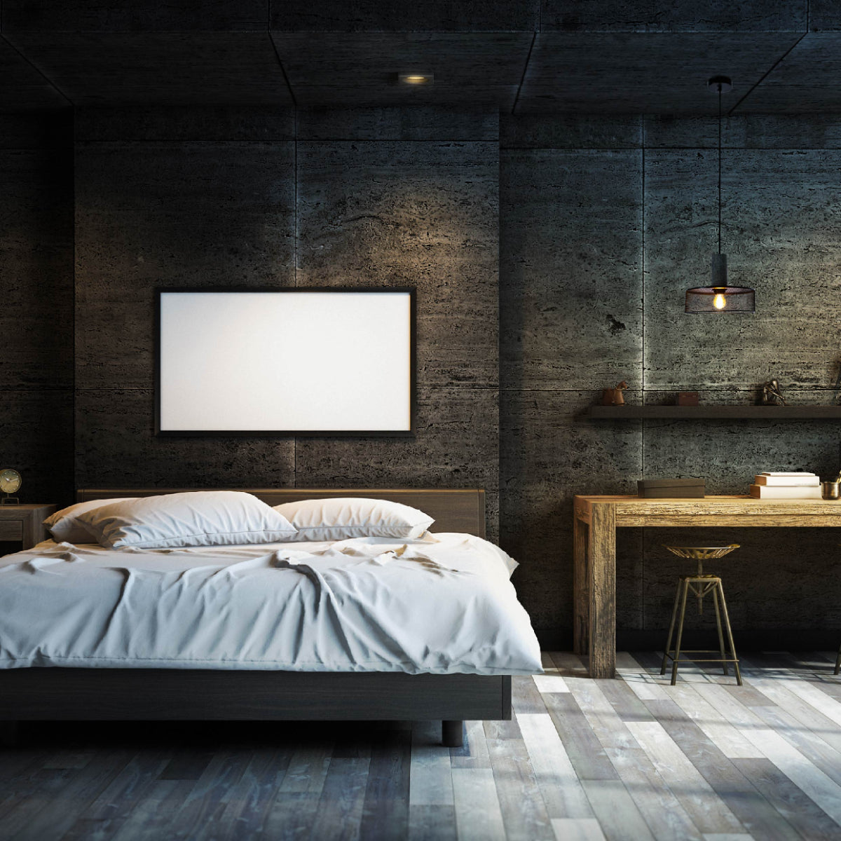 Luz colgante de concreto texturizado con pantallas metálicas, ideal para cocinas modernas y comedores contemporáneos.