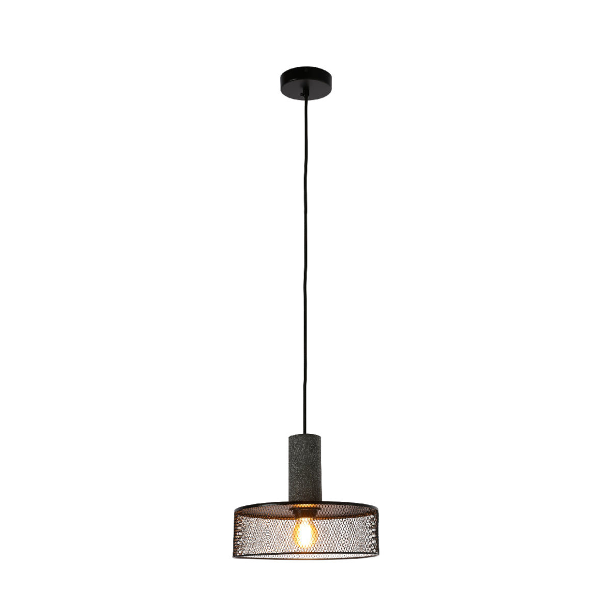 Cuarteto de luces colgantes de concreto texturizado con pantallas metálicas, perfectas para cocinas de estilo industrial.