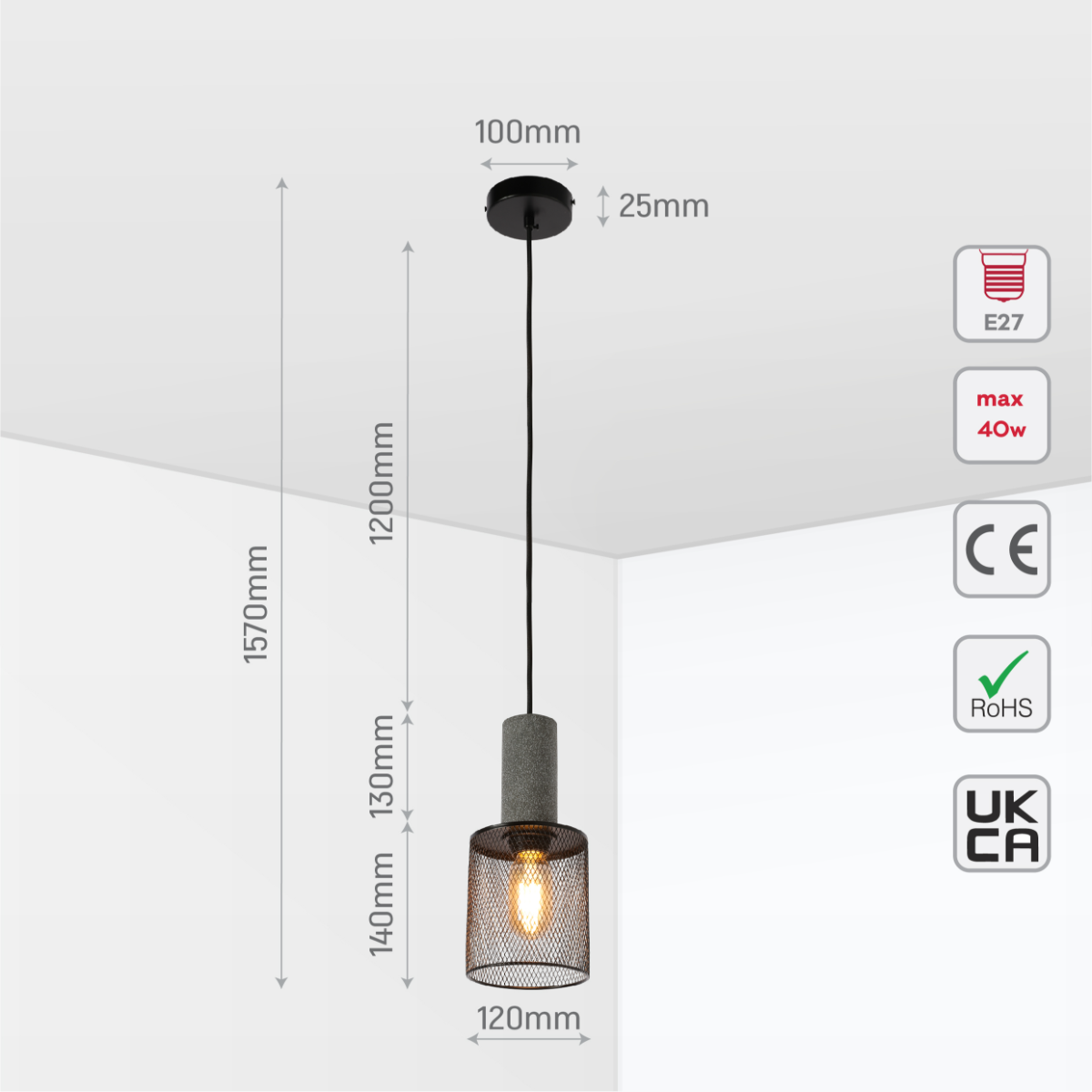 Pendientes de concreto texturizado con pantalla metálica, ideales para un comedor de estilo industrial.