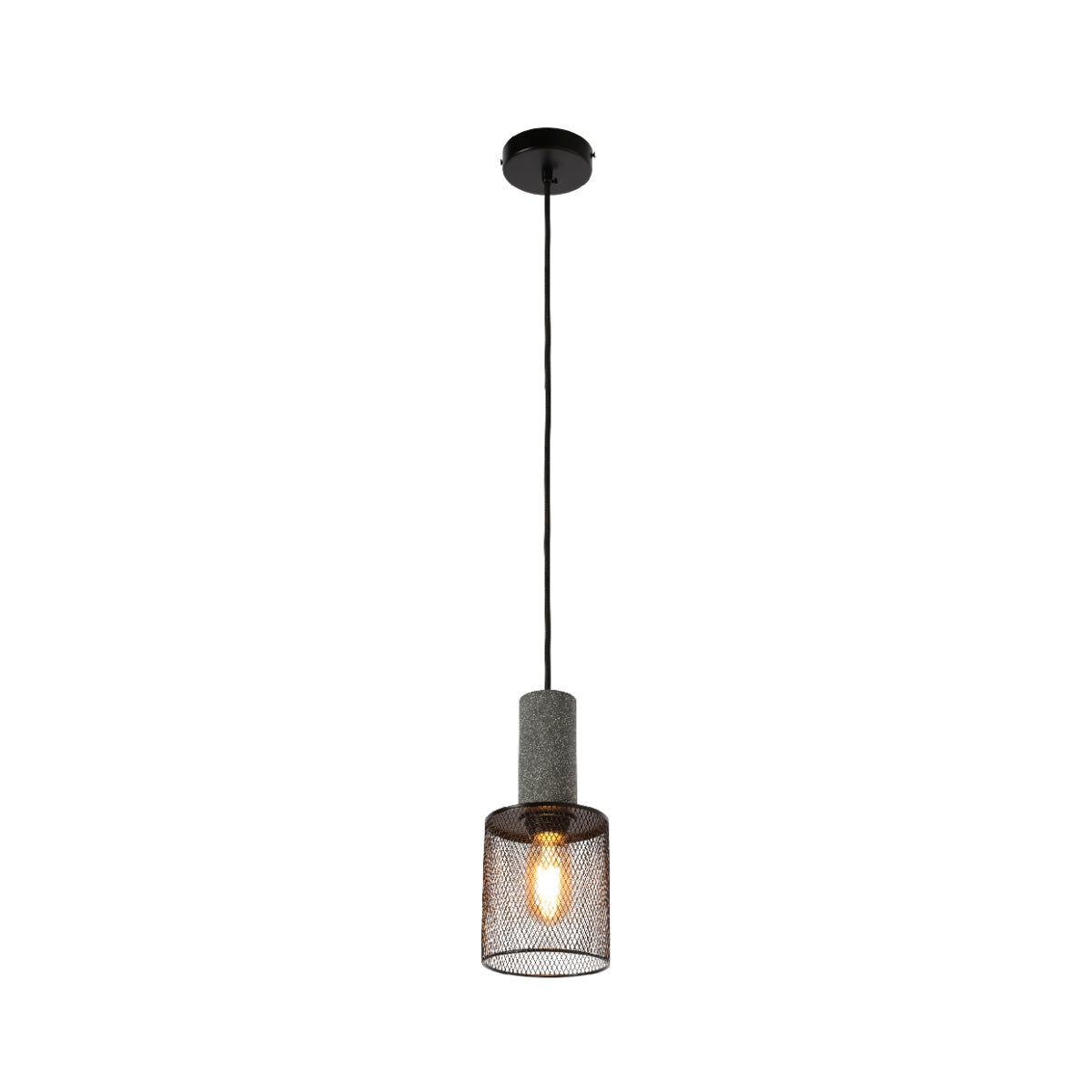 Conjunto de cuatro luces colgantes de concreto texturizado con pantallas metálicas, perfectas para cocinas modernas o espacios industriales.