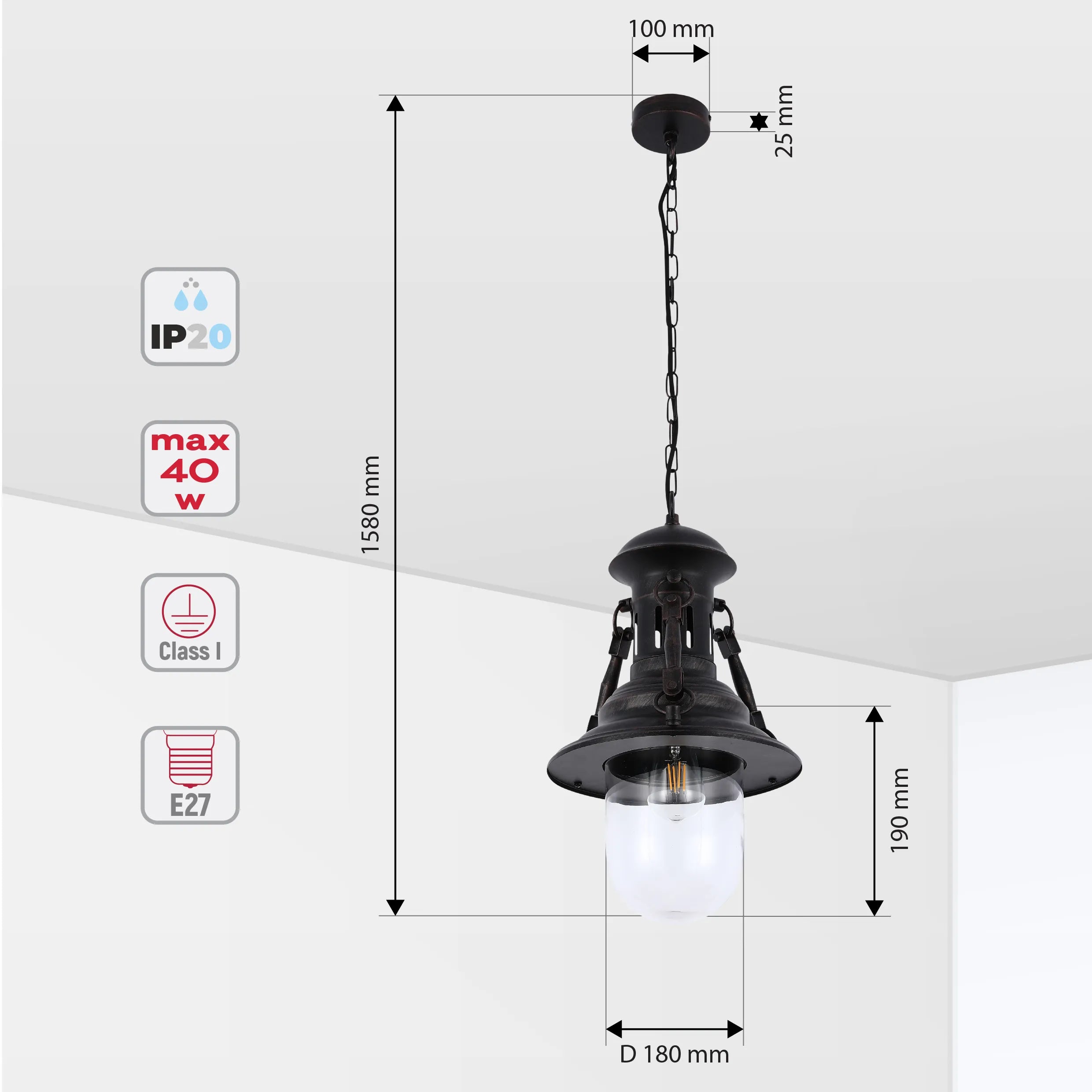 Lámpara Colgante Vintage Industrial con Cúpula Negra E27