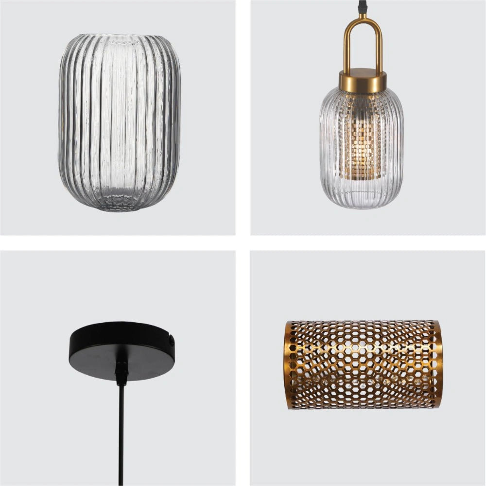 Detailed shots of Sawyer Ribbed Fluted Reeded Maloto Lantern Clear Glass Pendant Ceiling Light E27 Gold Handled | TEKLED 150-18700