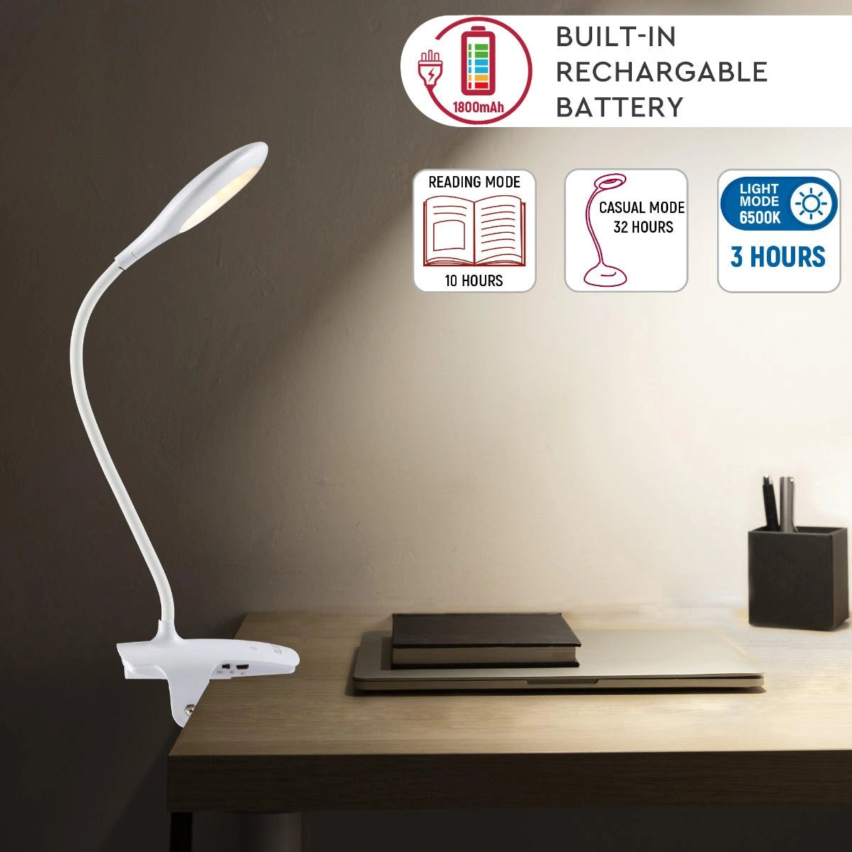 Detailed shots of Ringo White Rechargable Clip on Reading Desk Light Dimmable and Colour Modes | TEKLED 130-03620